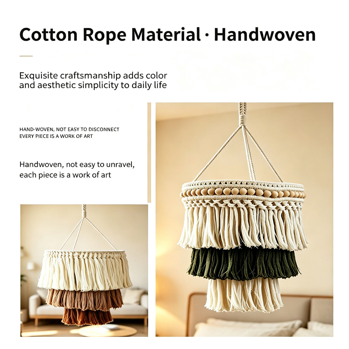 JSE Boho Hand Woven Cotton Linen Pendant Lampshade Tassel Ceiling Lamp Cover for Home Decor