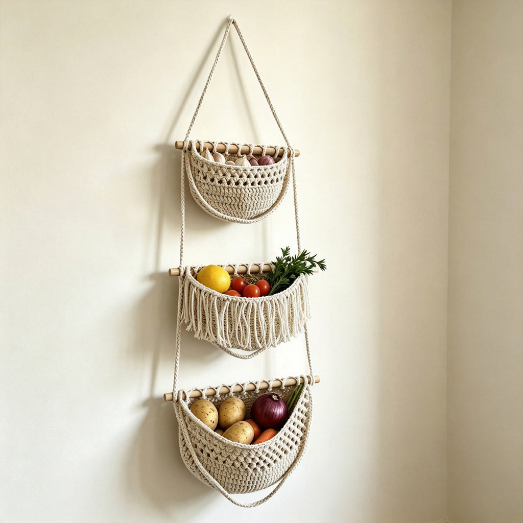 JXG Hand Woven Cotton Wall Hanging Fruit Net Bag Removable Wall Mount Vegetable Storage Basket For Kitchen Home Decor