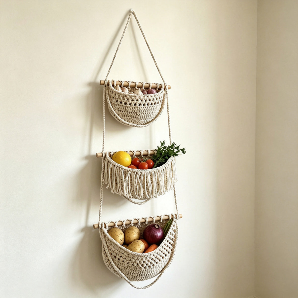 JXG Hand Woven Cotton Wall Hanging Fruit Net Bag Removable Wall Mount Vegetable Storage Basket For Kitchen Home Decor