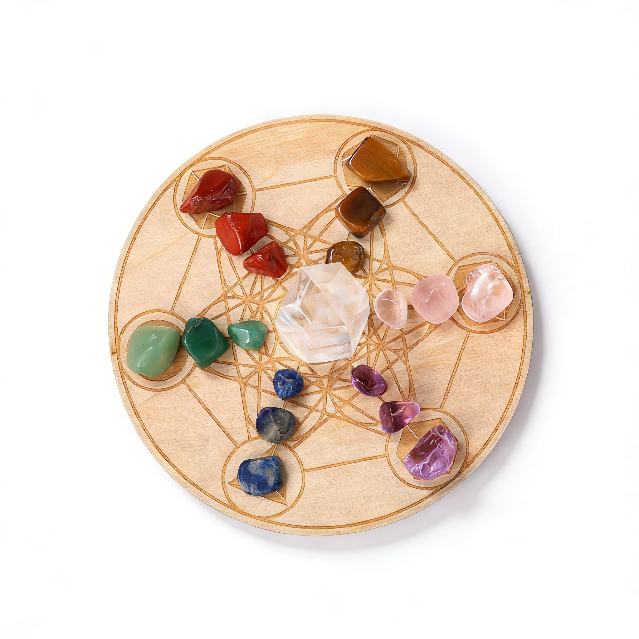 RYS Natural Clear Crystal Pillar Seven Star Array Ornament, Seven Color Gemstone Crushed Stone Wooden Disk Set