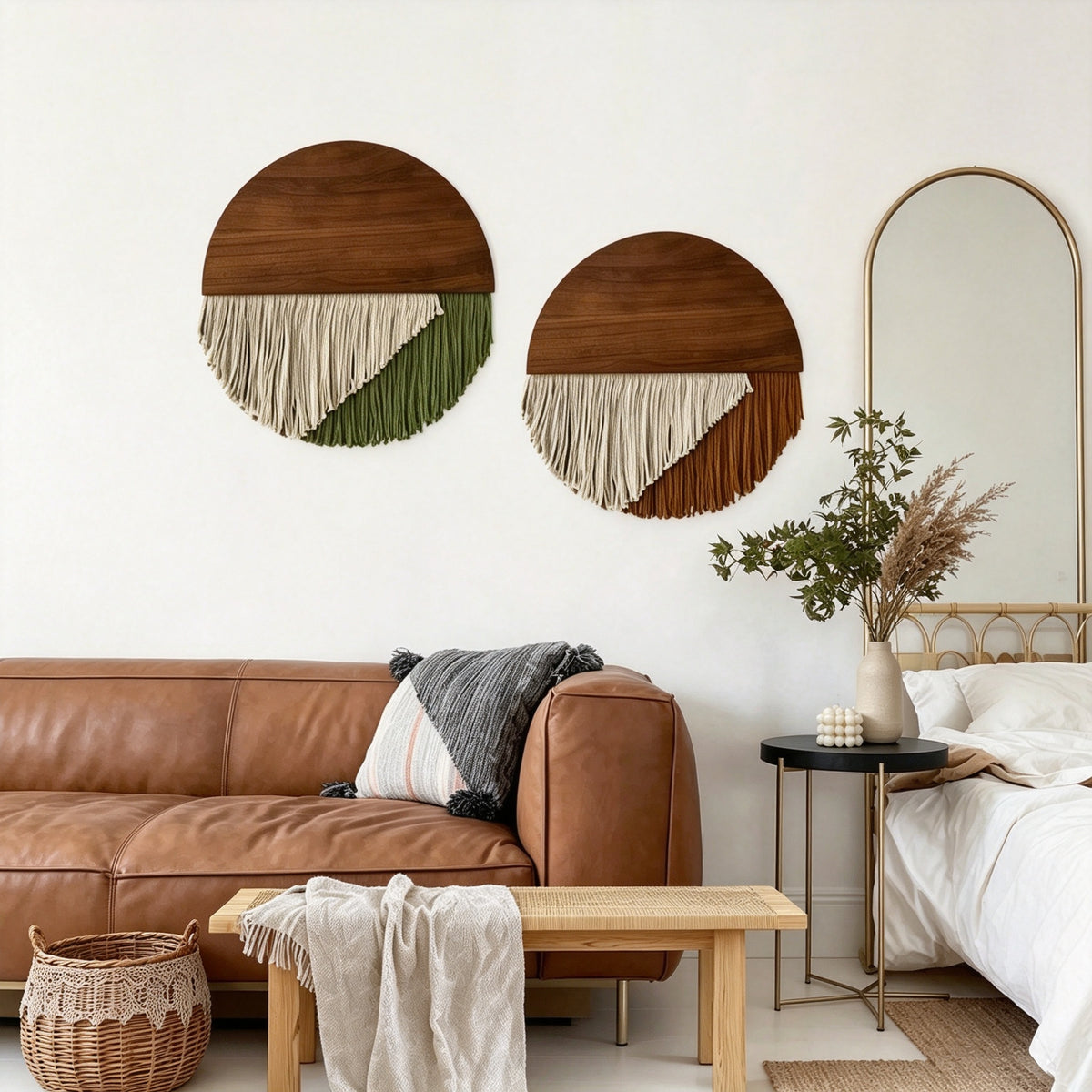 JXG Half‑Round Wood Board Cotton Rope Tassel Wall Tapestry Boho Wall Hanging Decor