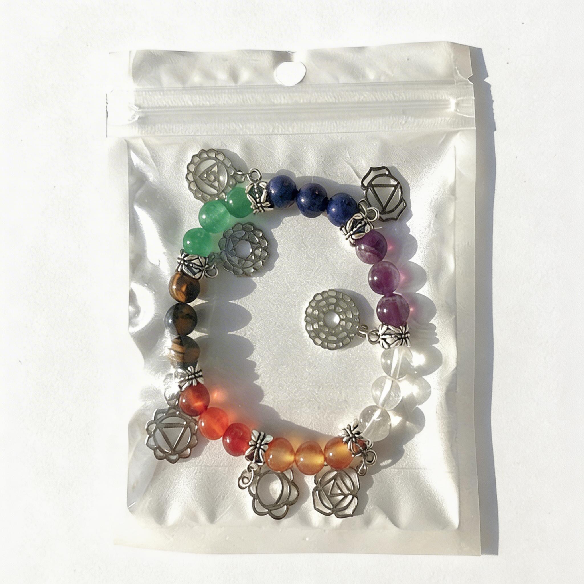 RYS Natural 7 Chakra Crystal Bracelet 8mm Silver-Plated Symbol Beaded Bracelet