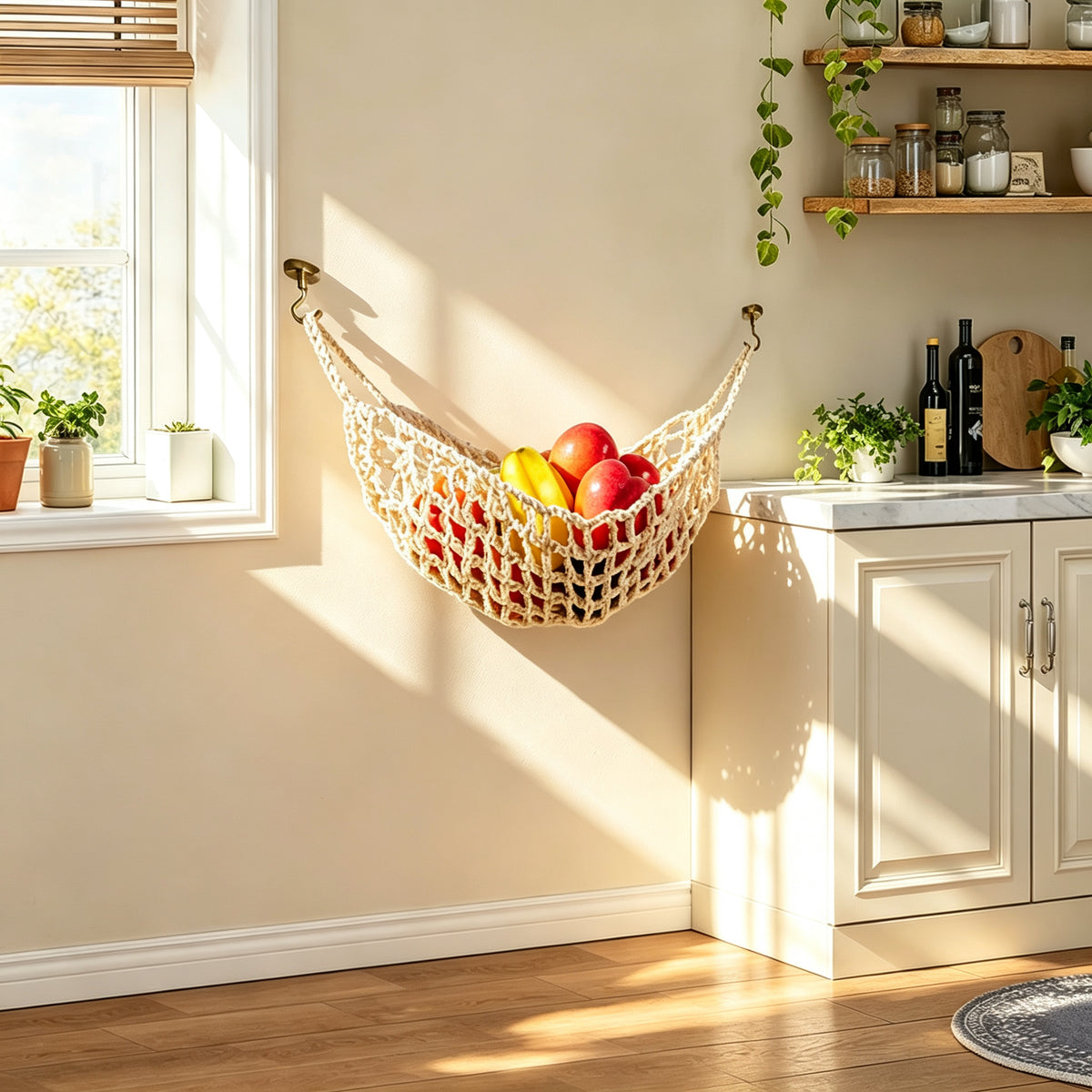 JXG Handwoven Cotton Storage Net Bag Wall Hanging Fruit Vegetable Organizer Ins Style Home Decor