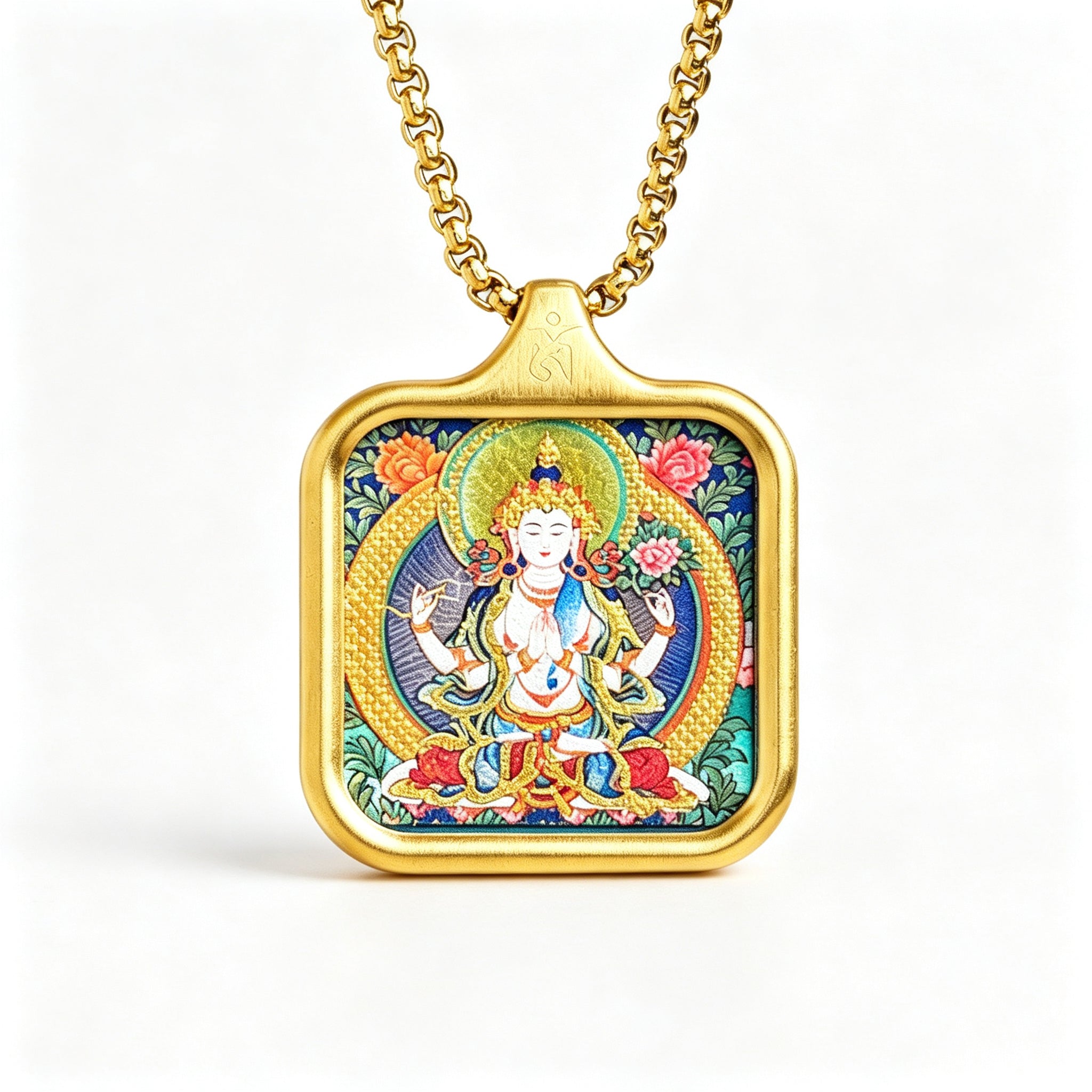 RYS Hand-Painted Thangka Buddha Pendant Necklace | 18K Gold Plated Alloy | Tibetan Patron Saint Amulet for Zodiac Signs | Spiritual Protection Jewelry