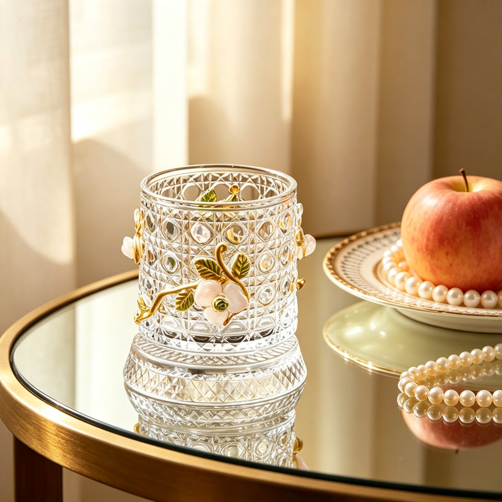 RYS Spinning Crystal Whiskey Glass Handmade Enamel Flower Tumbler