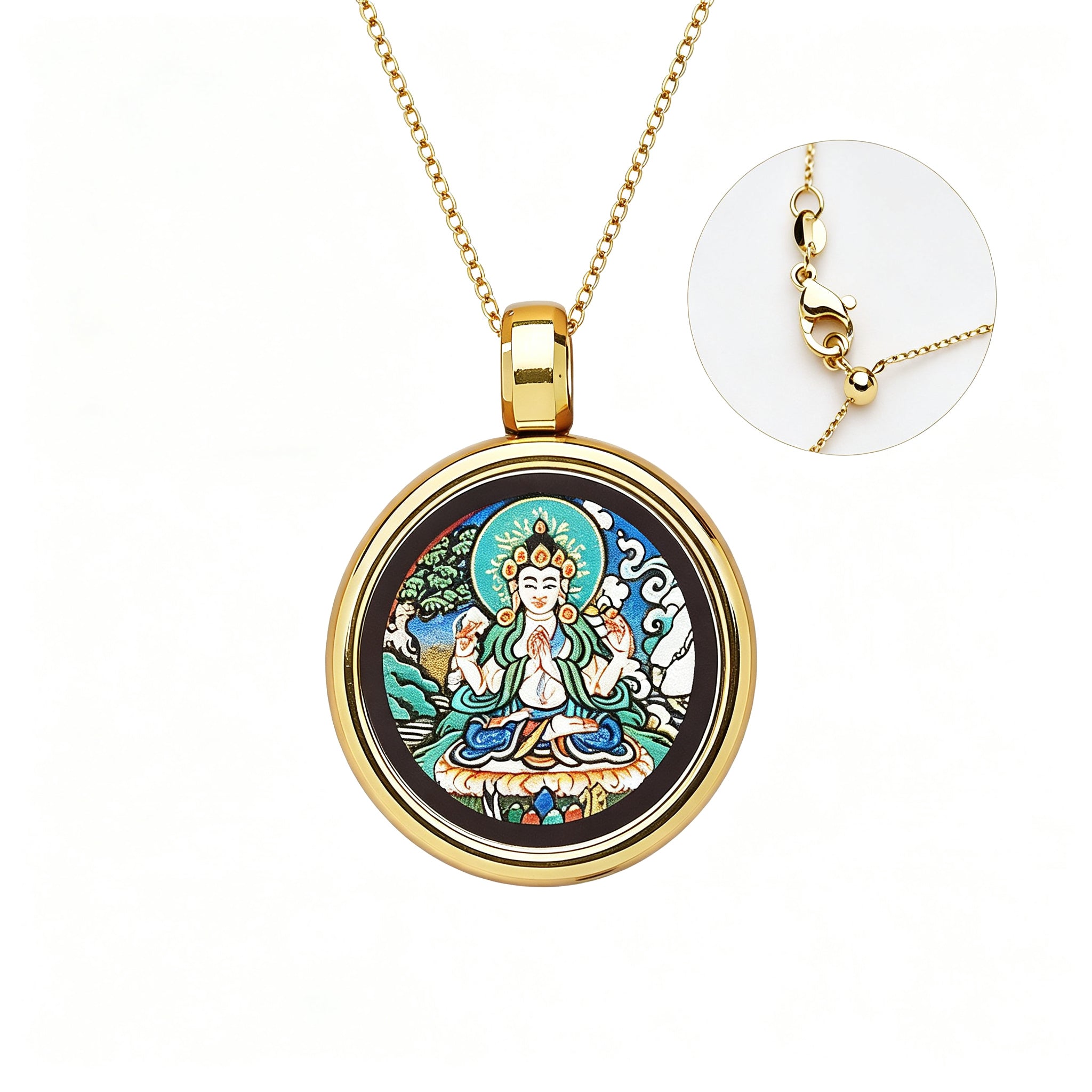 RYS Hand-Painted Thangka Buddha Pendant Necklace | 18K Gold Plated Alloy | Tibetan Patron Saint Amulet for Zodiac Signs | Spiritual Protection Jewelry