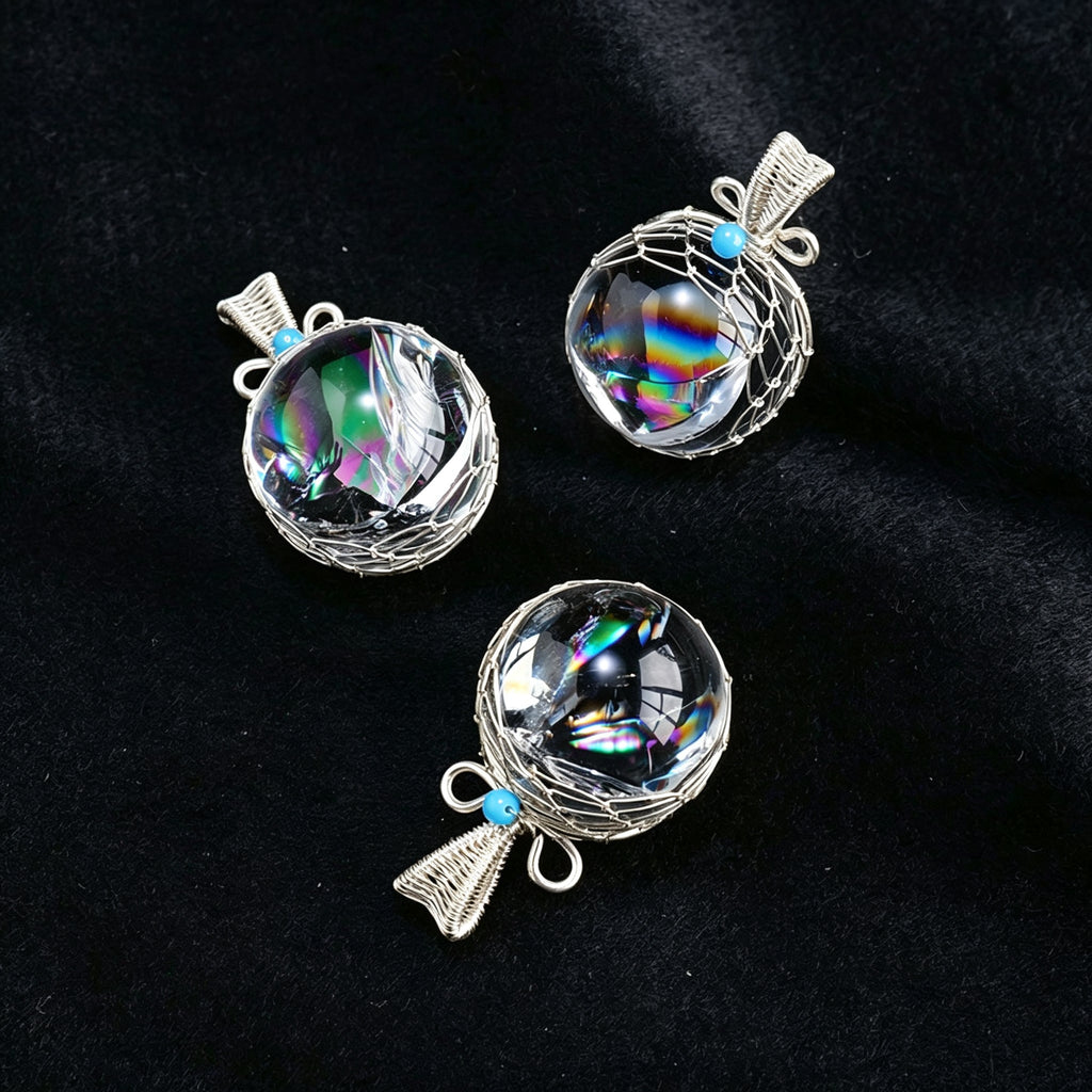 RYS Natural Azeztulite Rainbow Crystal Ball Pendant Necklace with Leather Cord