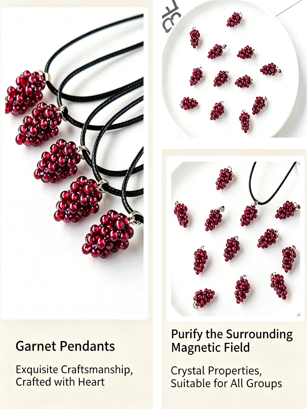 RYS Handmade Garnet Grape Pendant Necklace | Natural Red Garnet Beaded Charm with Black Leather Cord