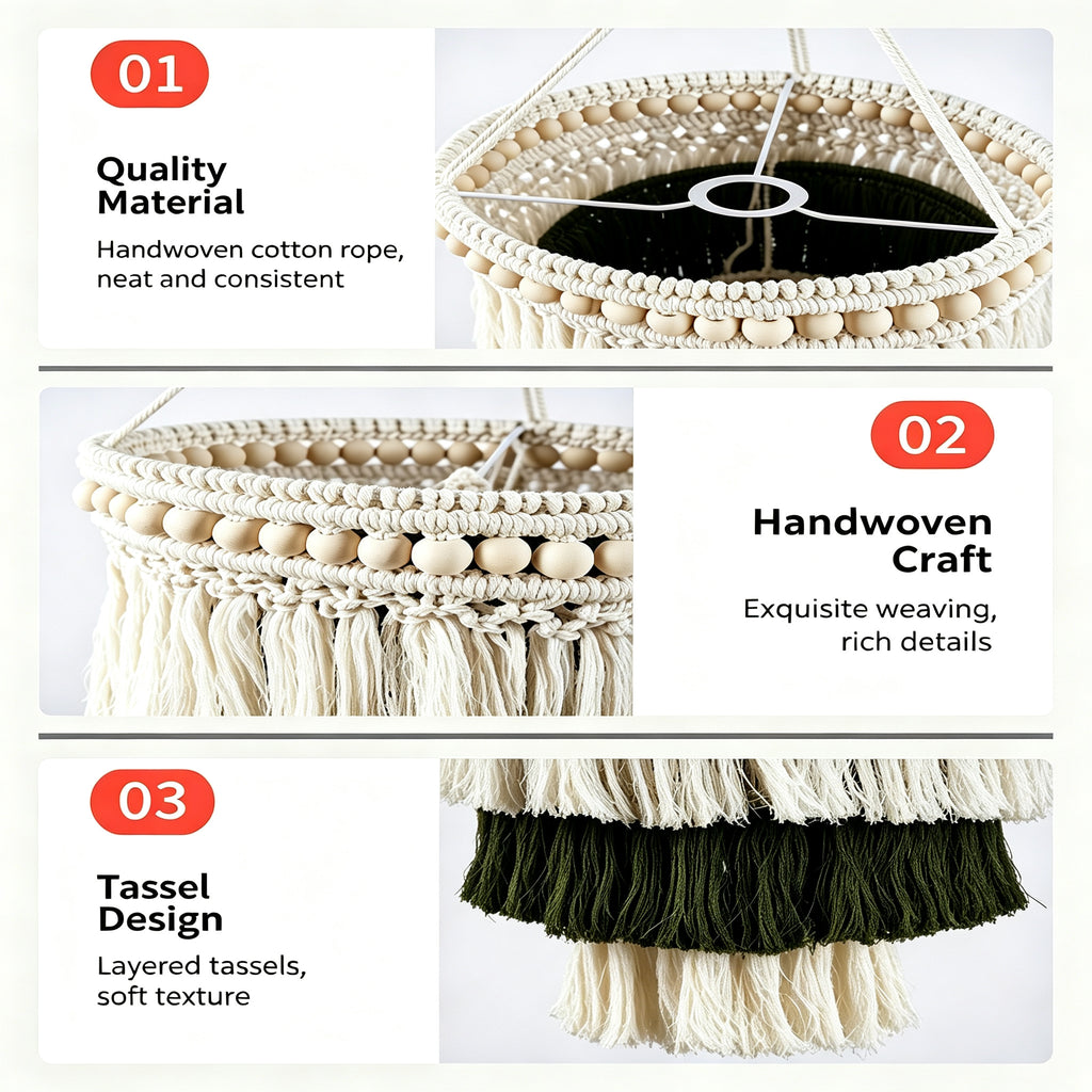 JSE Boho Hand Woven Cotton Linen Pendant Lampshade Tassel Ceiling Lamp Cover for Home Decor