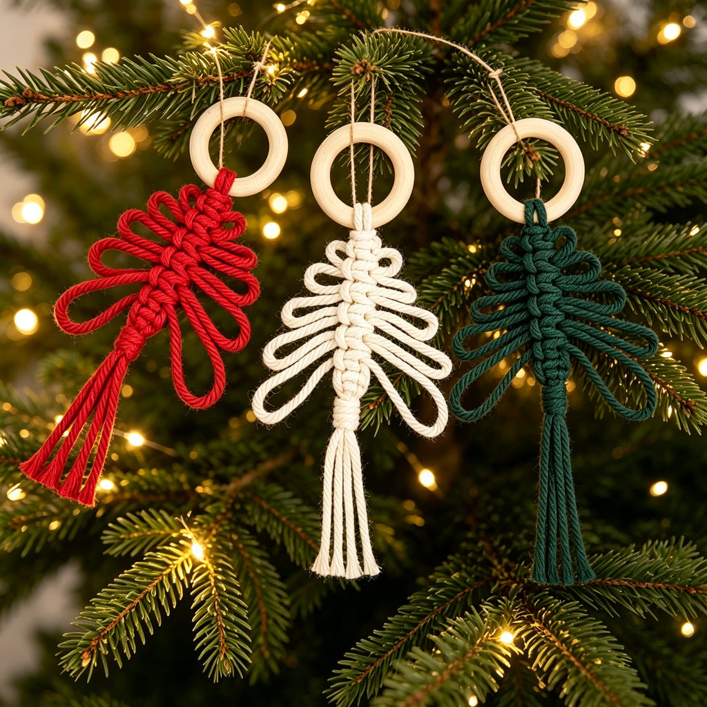 JSE Handwoven Christmas Tree Charm Keychain Boho Holiday Bag Pendant