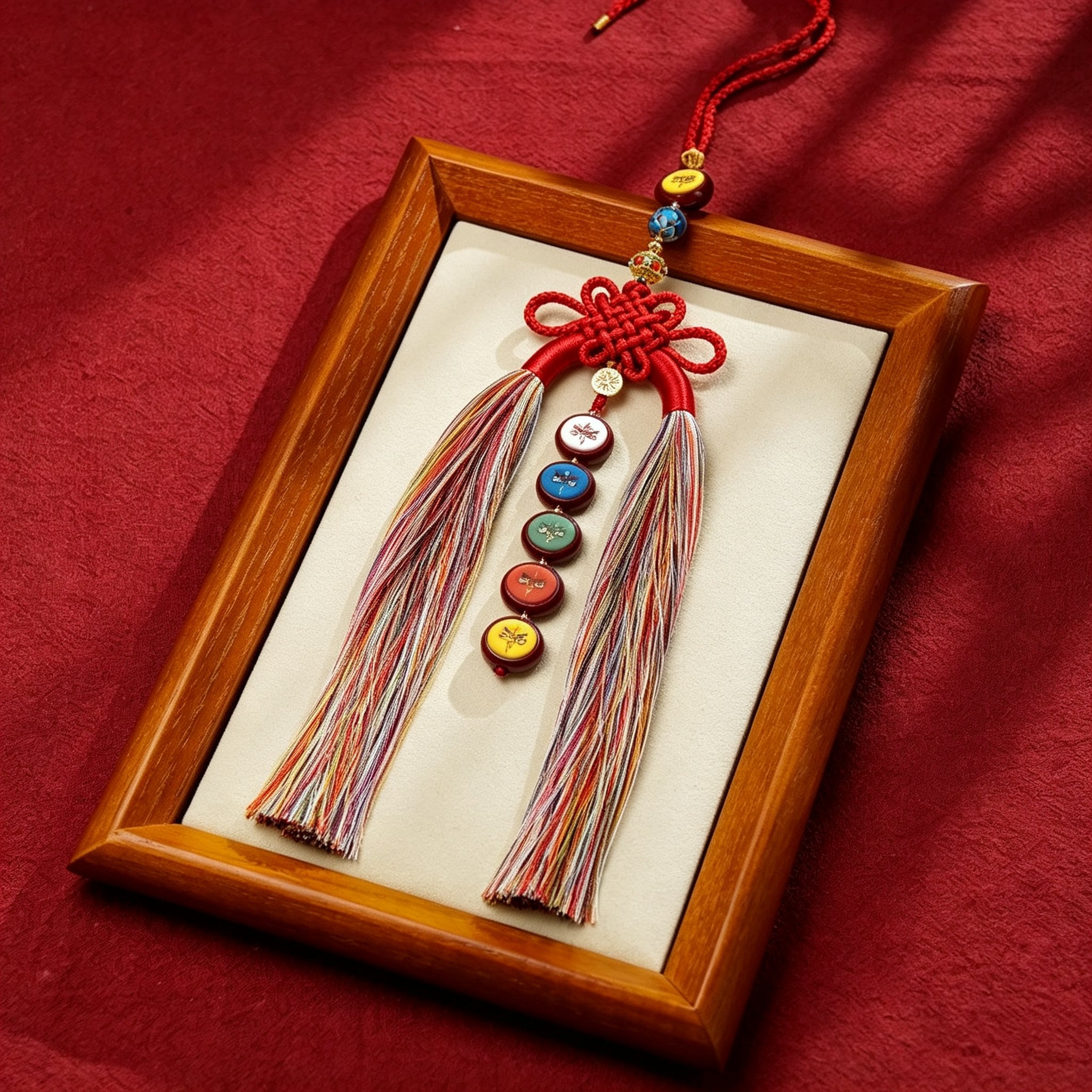 HXJ Handmade Five-Way Wealth God Thangka Car Charm | Vermilion & Hemp Cord Ethnic Pendant