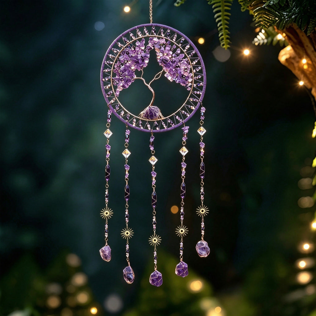 MGY Tree of Life Dreamcatcher Wind Chime, Natural Crystal Stone Boho Wall Hanging Decor