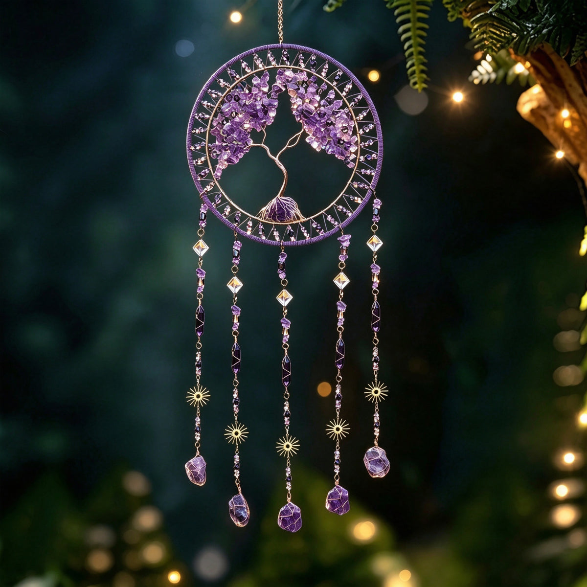 MGY Tree of Life Dreamcatcher Wind Chime, Natural Crystal Stone Boho Wall Hanging Decor
