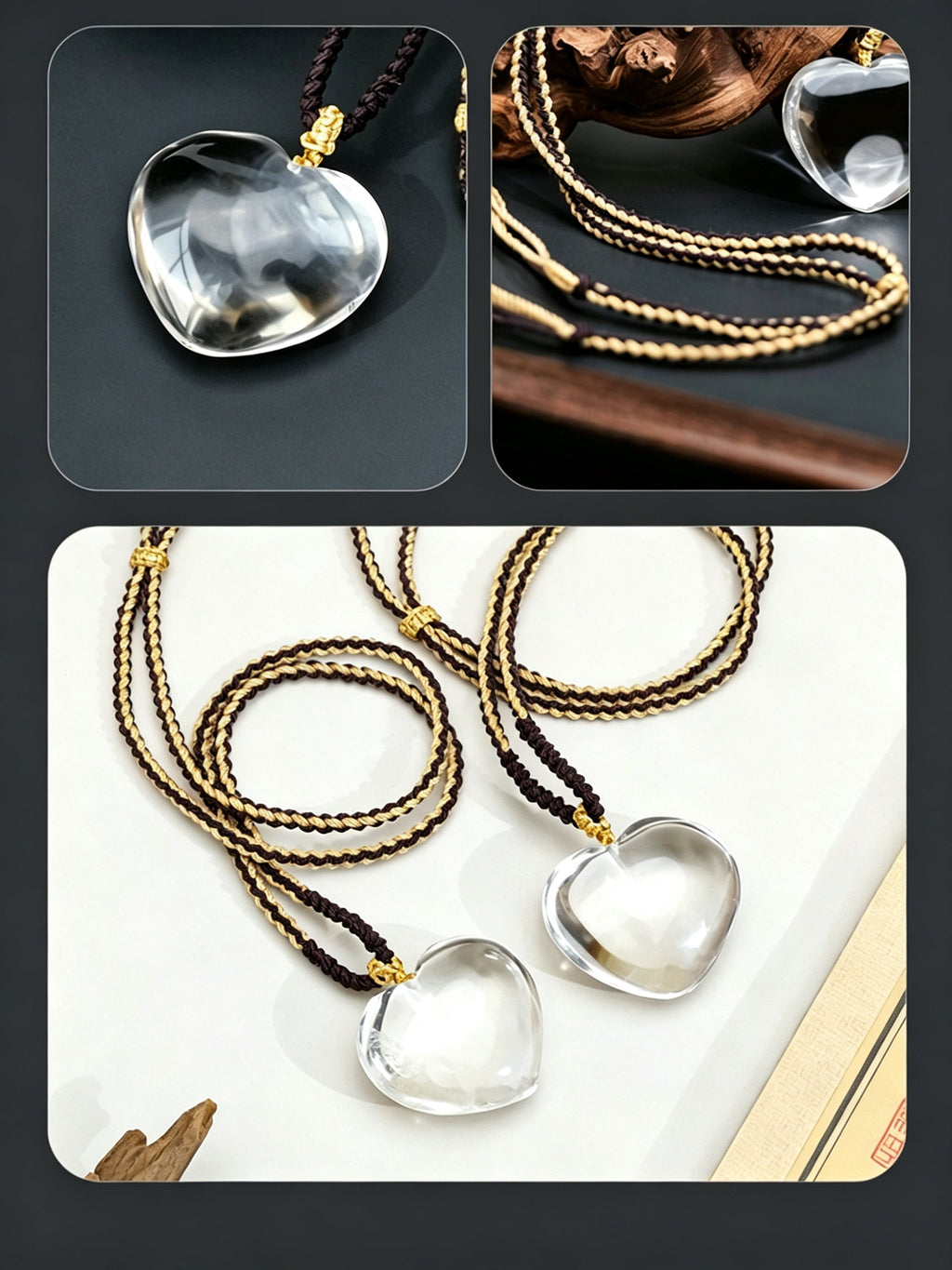 RYS Natural Clear Quartz Heart Pendant Necklace Hand Woven Rope