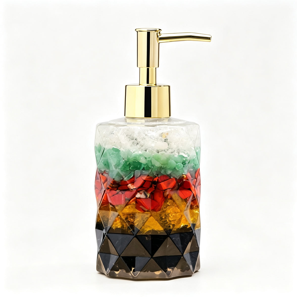 RYS Natural Crystal Chips Resin Soap Dispenser, Press‑Type Refillable Lotion Bottle for Bathroom Vanity Decor
