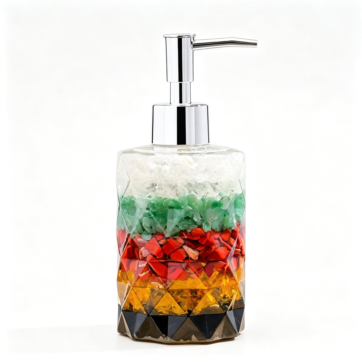 RYS Natural Crystal Chips Resin Soap Dispenser, Press‑Type Refillable Lotion Bottle for Bathroom Vanity Decor