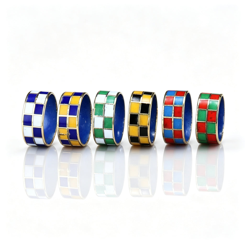 JCJ Vintage Cloisonné Enamel Checkered Ring 1980s era Chinese Collectible Jewelry