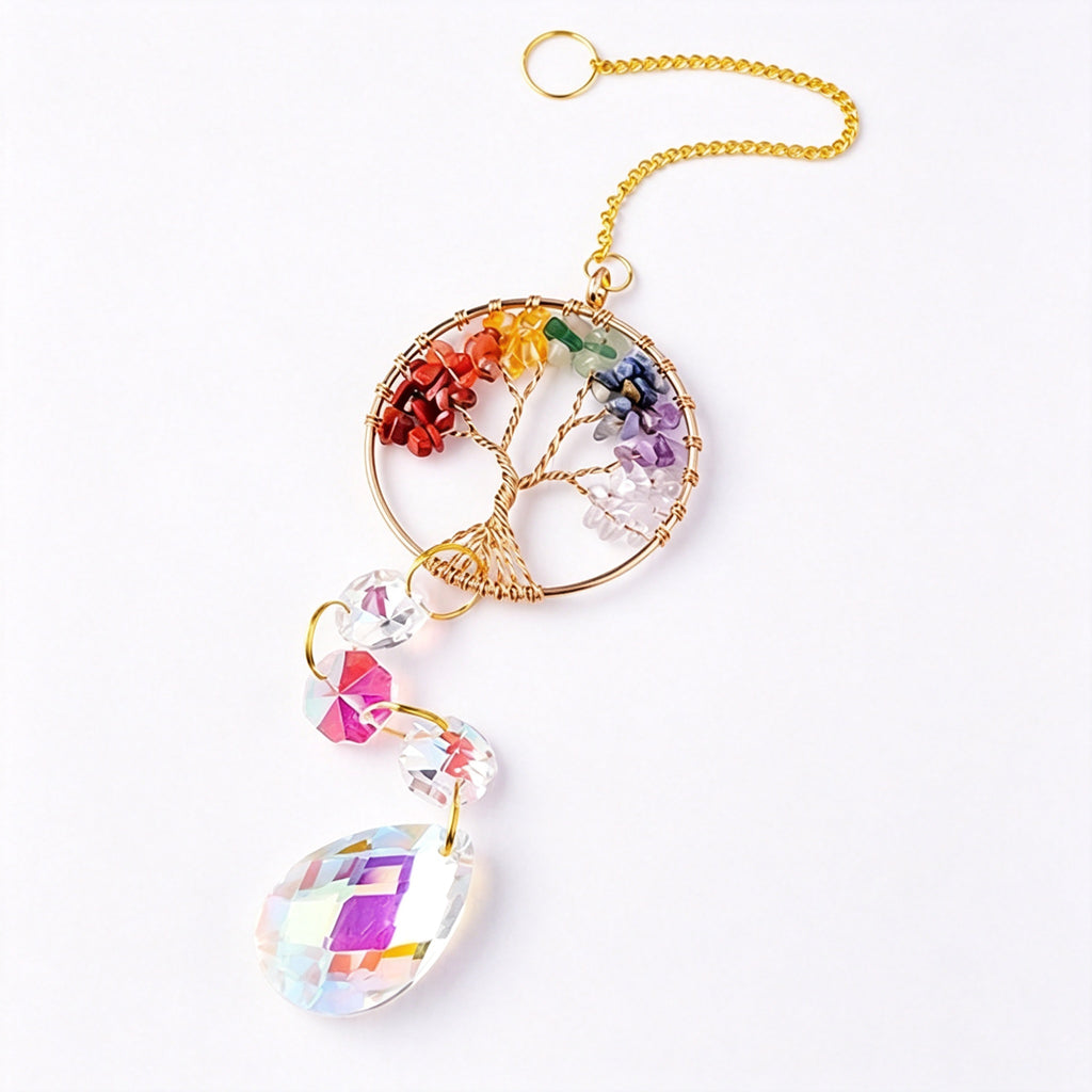 RYS Natural Crystal Tree of Life Suncatcher, Rainbow‑Drop Crystal Hanging Ornament for Window, Car & Home Decor