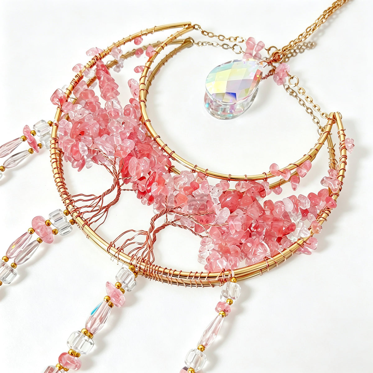 MGY Moon Tree of Life Suncatcher Wind Chime, Pink Natural Crystal Stone Wall Hanging Ornament for Home Bedroom Decor