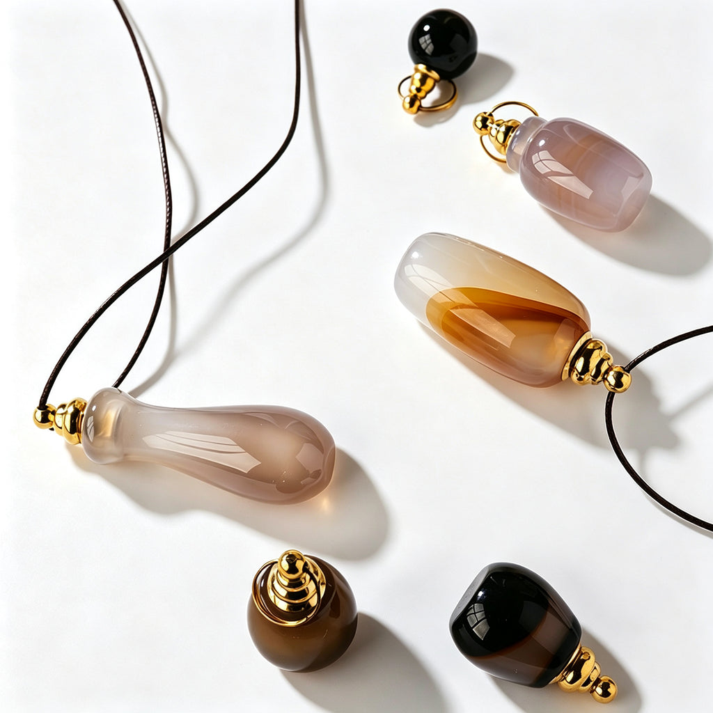 RYS Natural Agate Crystal Essential Oil Bottle, Hand Polished Raw Stone Aroma Perfume Vial Pendant, No Cord