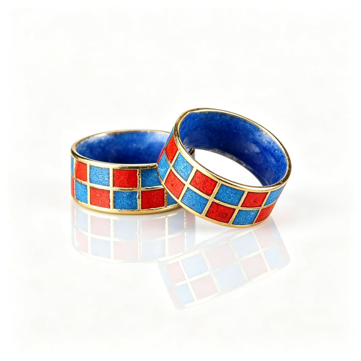 JCJ Vintage Cloisonné Enamel Checkered Ring 1980s era Chinese Collectible Jewelry