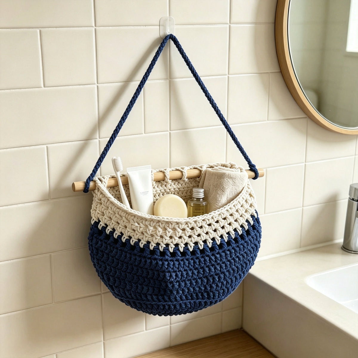 JXG Hand Woven Cotton Wall Hanging Fruit Net Bag Removable Wall Mount Vegetable Storage Basket For Kitchen Home Decor
