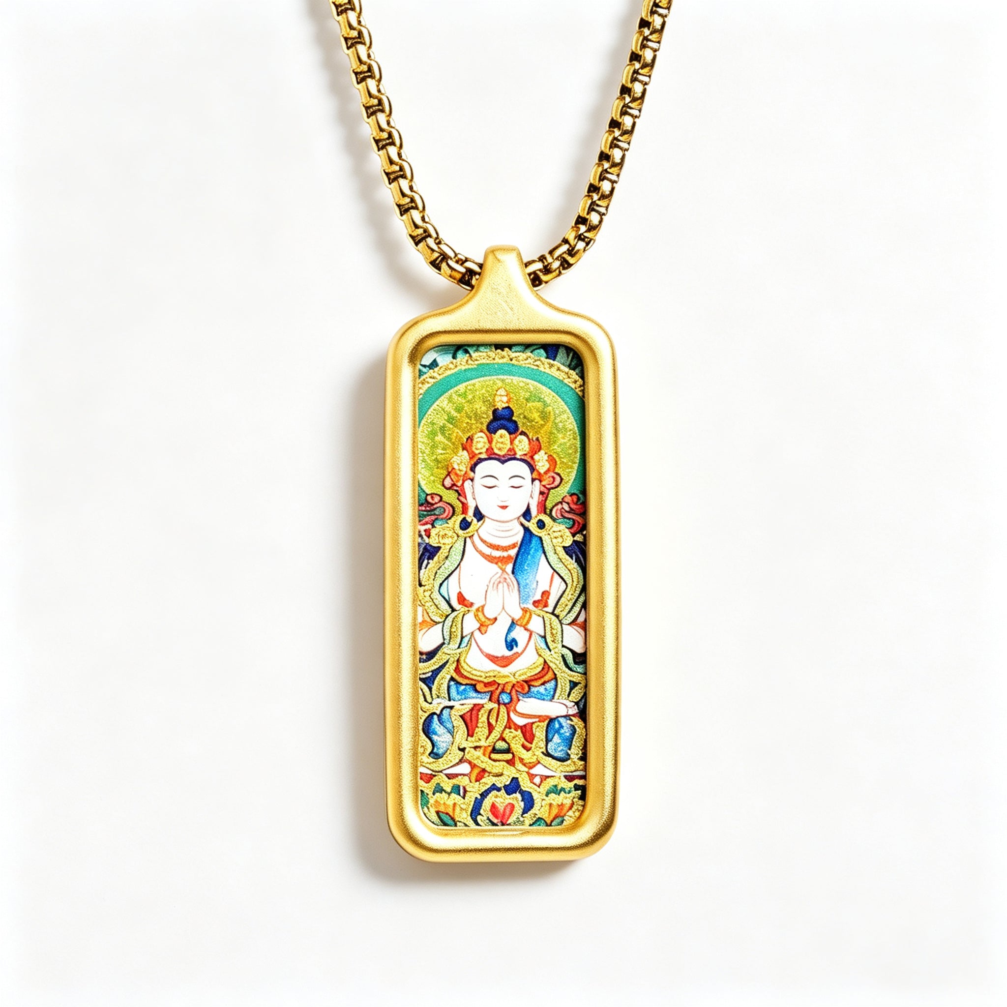 RYS Hand-Painted Thangka Buddha Pendant Necklace | 18K Gold Plated Alloy | Tibetan Patron Saint Amulet for Zodiac Signs | Spiritual Protection Jewelry