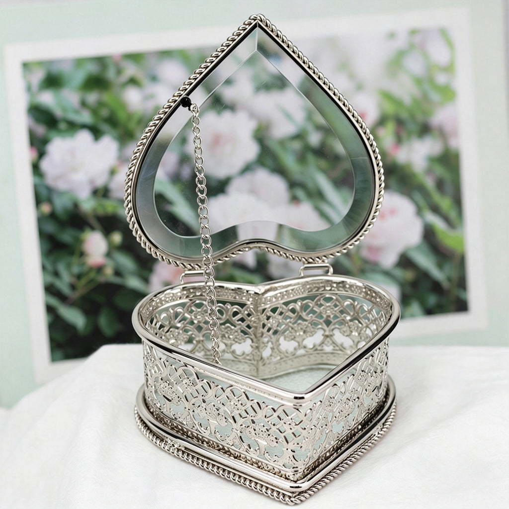 YAP Heart‑Shaped Glass Metal Jewelry Box Ring Earring Storage Decor Gift Box