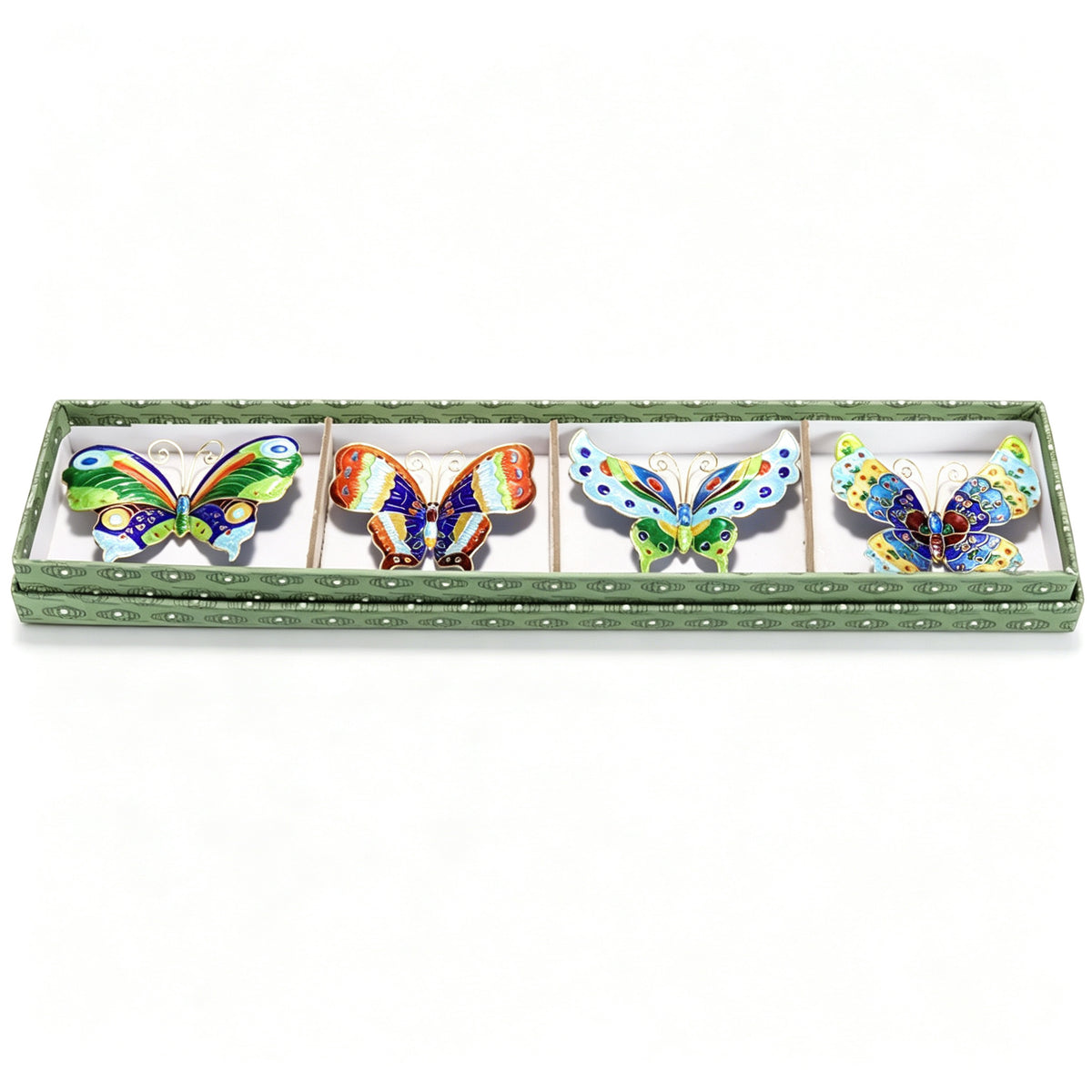 JCJ Vintage Chinese Cloisonne‑Enamel Butterfly Fridge Magnet Set of 4, Copper‑Base Hand‑Crafted Art Ornament, Collectible Cultural Business Gift