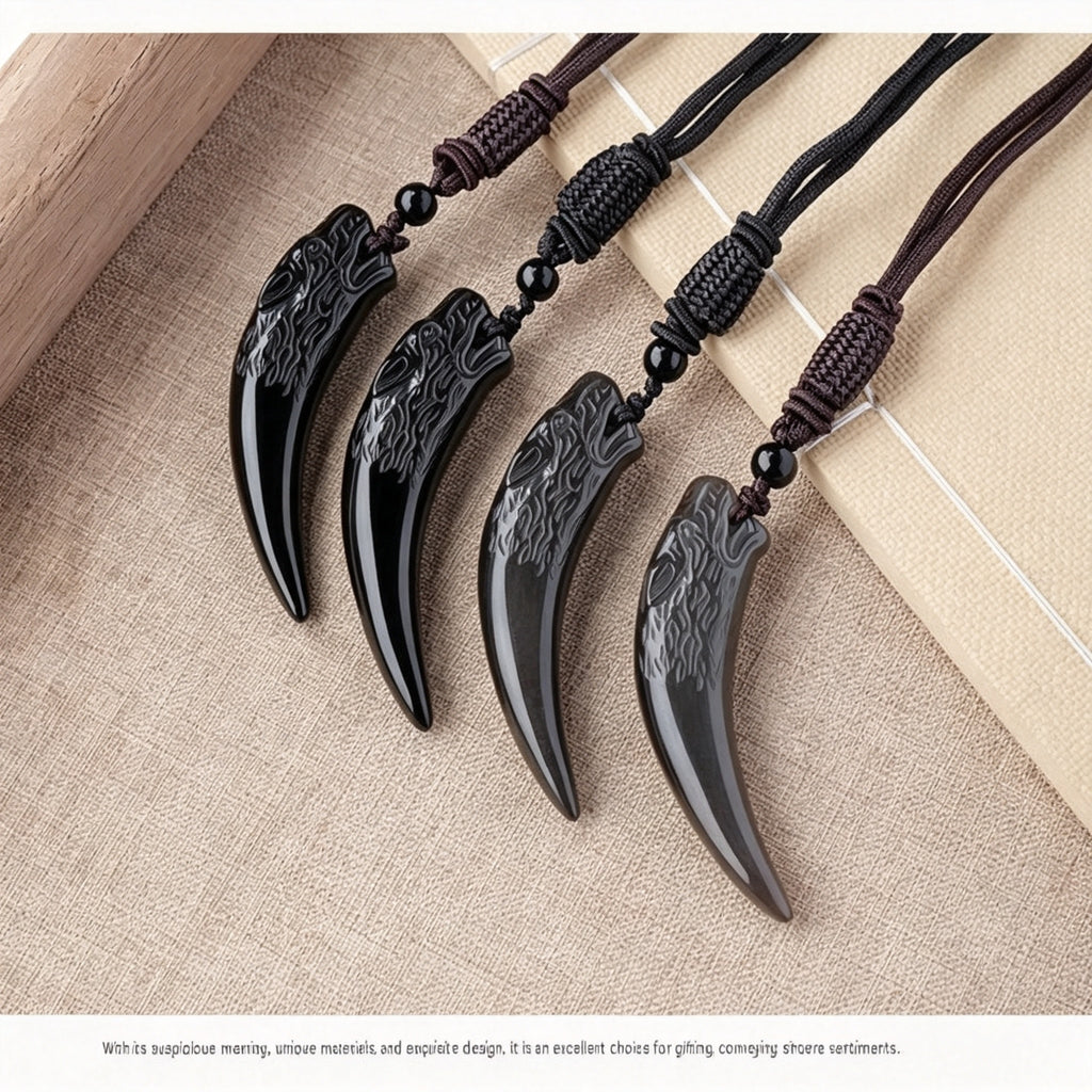 RYS Natural Obsidian Wolf Tooth Pendant Necklace for Men, Minimalist Daily Wear Jewelry Gift