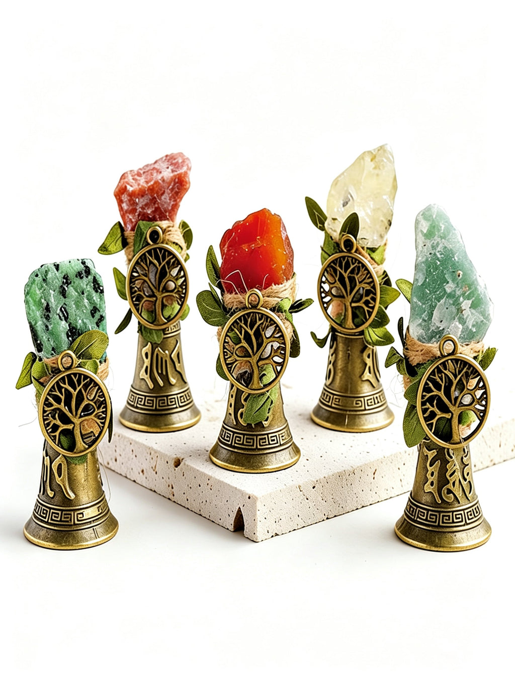 RYS Crystal Point Hand Bell with Tree of Life Charm - Natural Gemstone Decorative Ornament for Home & Spiritual Gifts