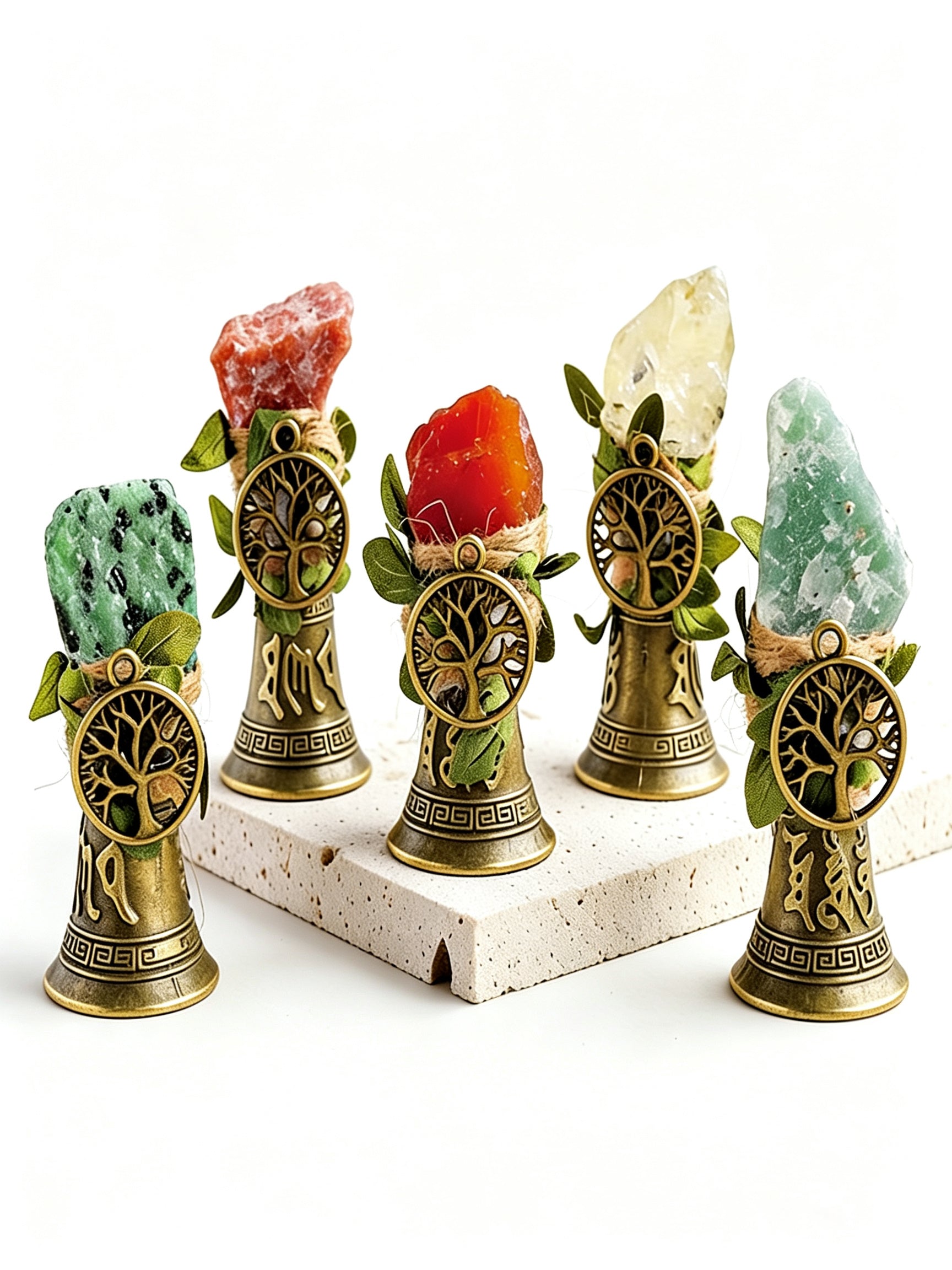 RYS Crystal Point Hand Bell with Tree of Life Charm - Natural Gemstone Decorative Ornament for Home & Spiritual Gifts