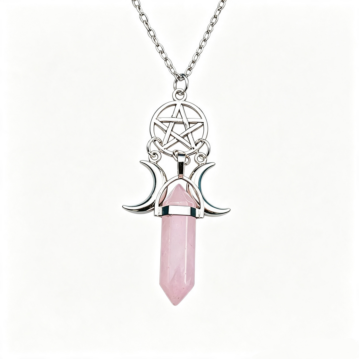 RYS Natural Crystal Double‑Point Hexagonal Column Moon Pentagram Sweater Chain
