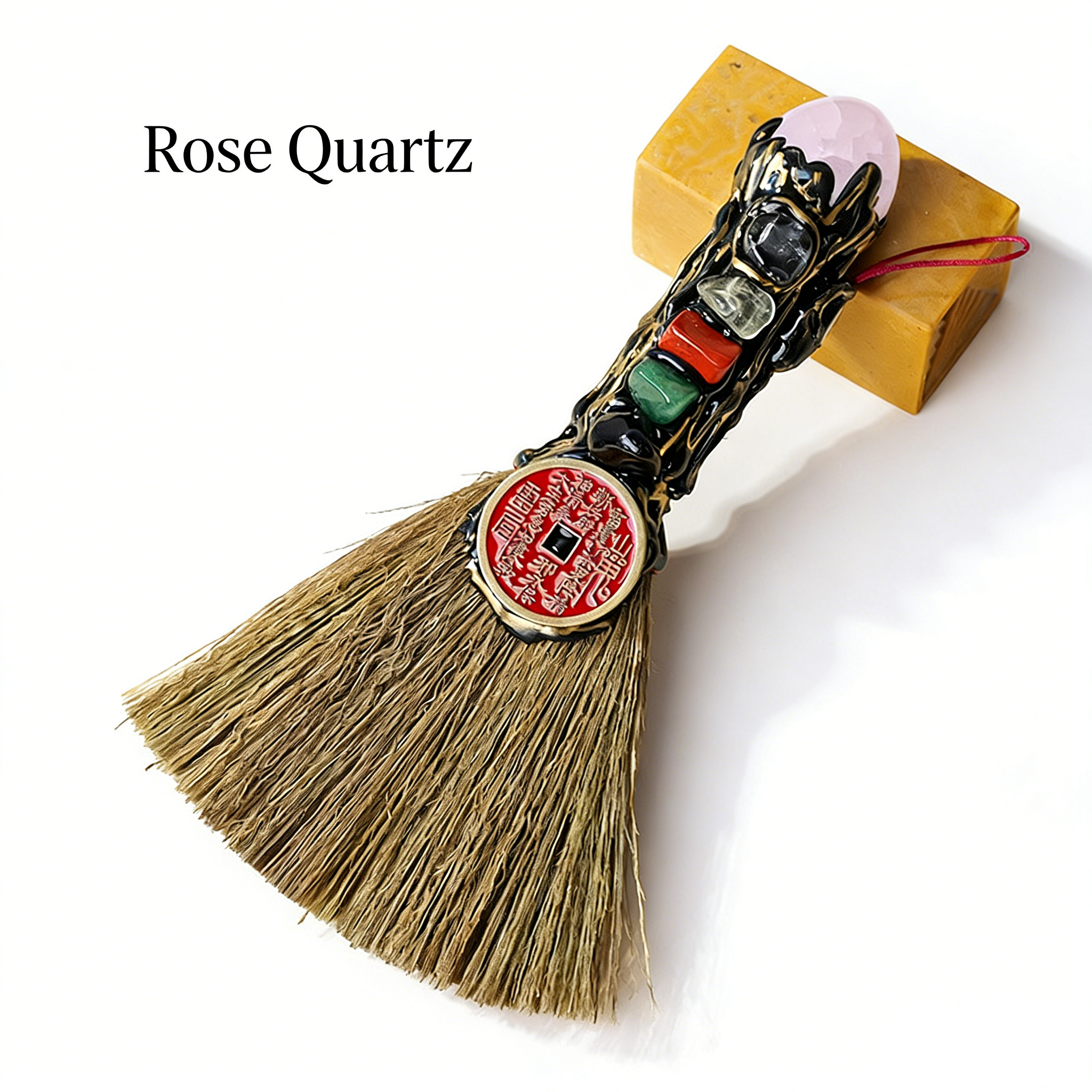 RYS Natural Crystal Shanguang Coin & Small Broom Pendant, Five Elements Stone Amulet for Entrance Door Handle