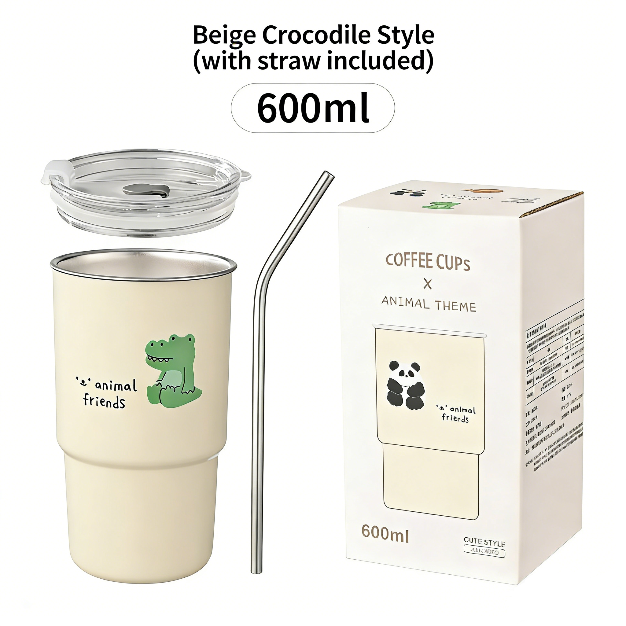 HGD Cute Panda Insulated Coffee Cup with Straw & Lid | 400/600ml Animal Theme Stainless Steel Tumbler