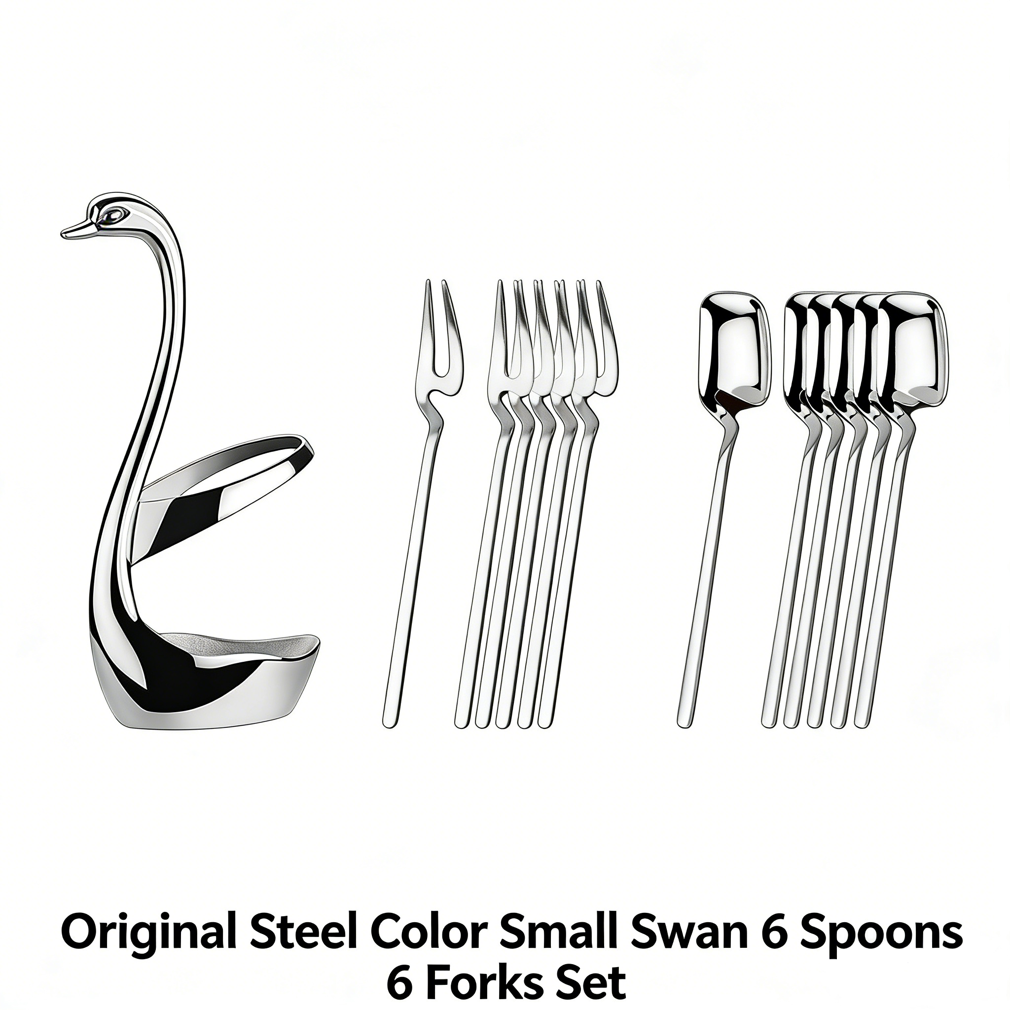 HGD 304 Stainless Steel Fruit Spoon & Fork Set | Swan Base Holder | Modern Minimalist Tableware Kit