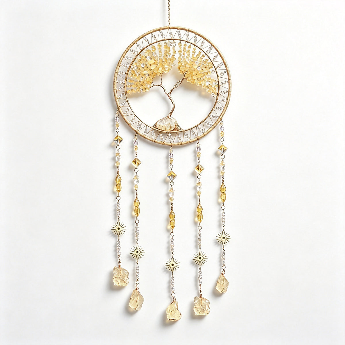 MGY Tree of Life Dreamcatcher Wind Chime, Natural Crystal Stone Boho Wall Hanging Decor