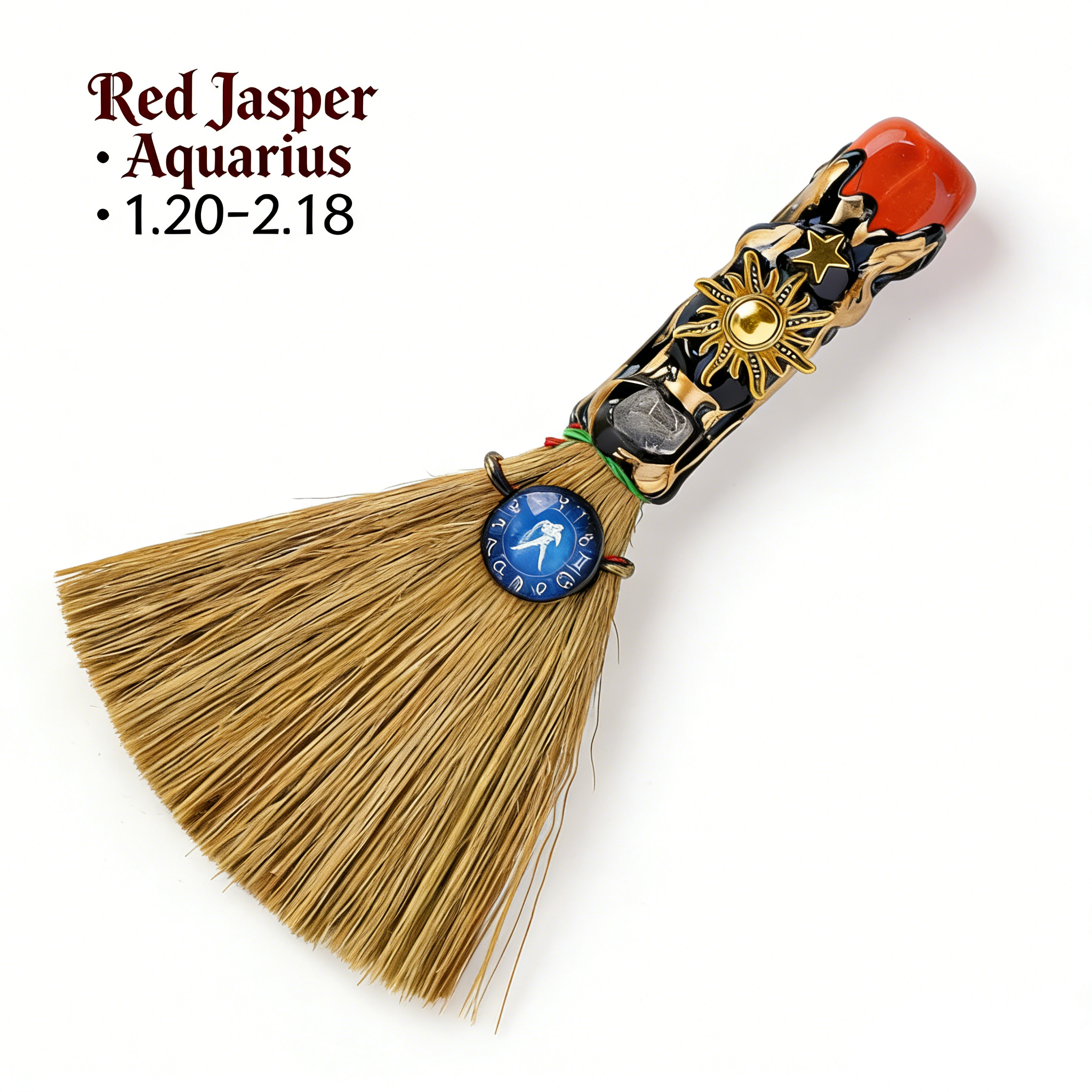 RYS Handmade Witch Broom with Natural Crystal | Zodiac Sign Altar Decor | Aries Amazonite Mini Broom for Wiccan & Pagan Gifts