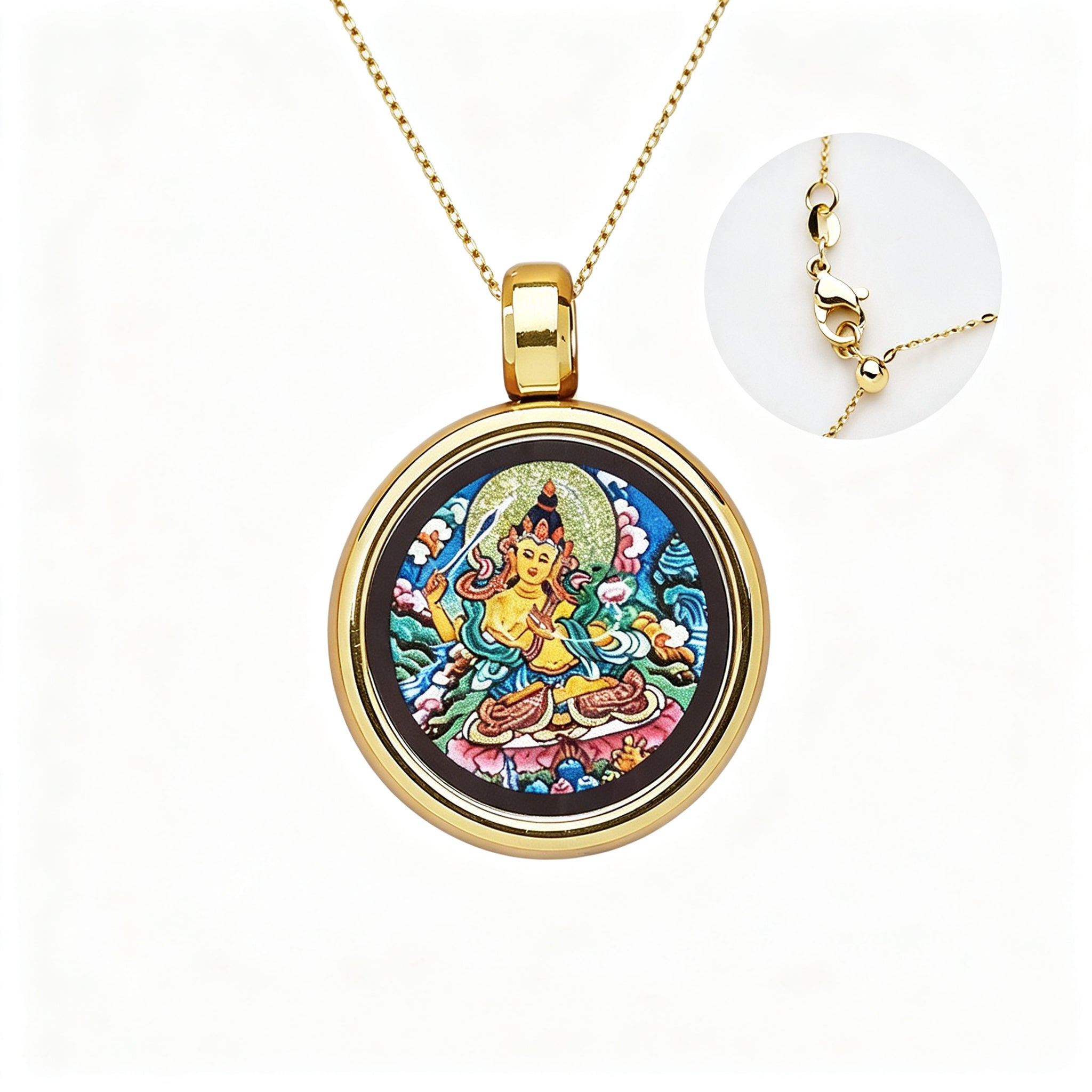 RYS Hand-Painted Thangka Buddha Pendant Necklace | 18K Gold Plated Alloy | Tibetan Patron Saint Amulet for Zodiac Signs | Spiritual Protection Jewelry