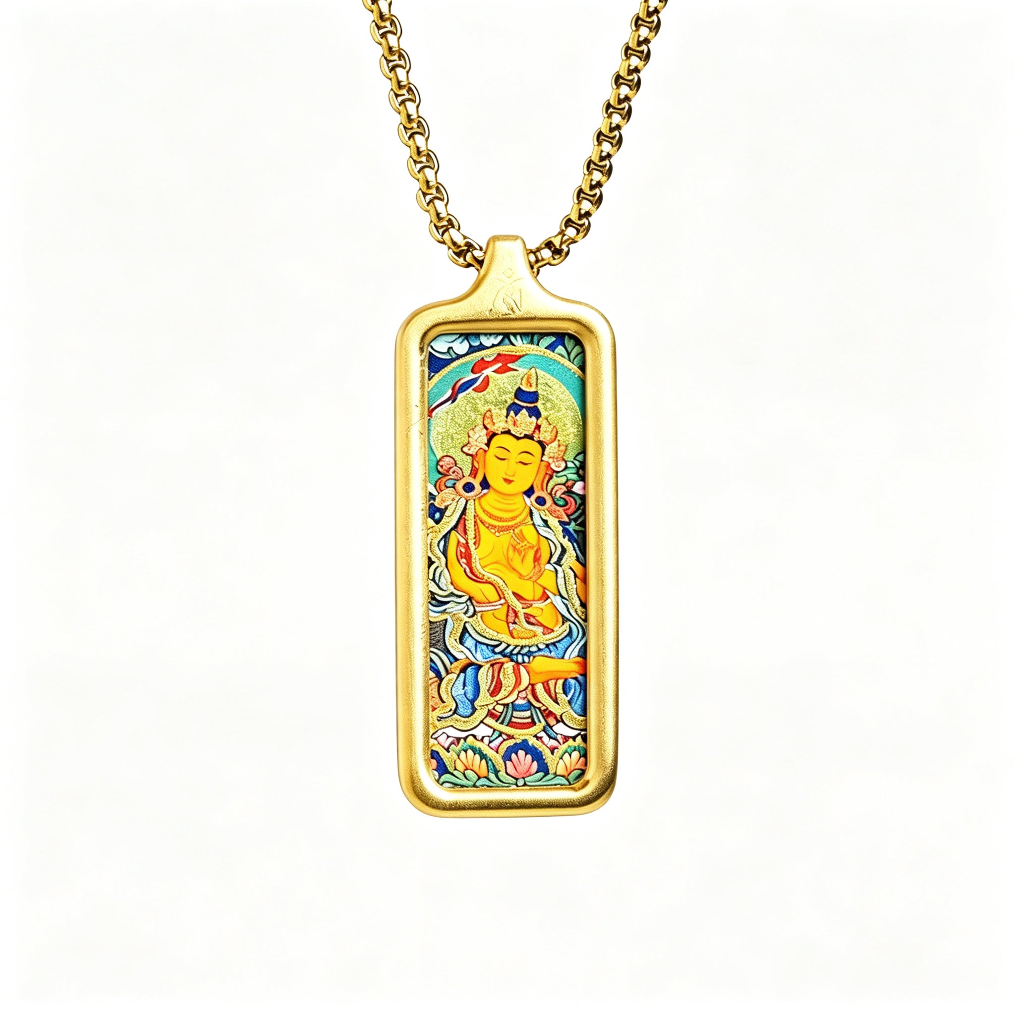 RYS Hand-Painted Thangka Buddha Pendant Necklace | 18K Gold Plated Alloy | Tibetan Patron Saint Amulet for Zodiac Signs | Spiritual Protection Jewelry