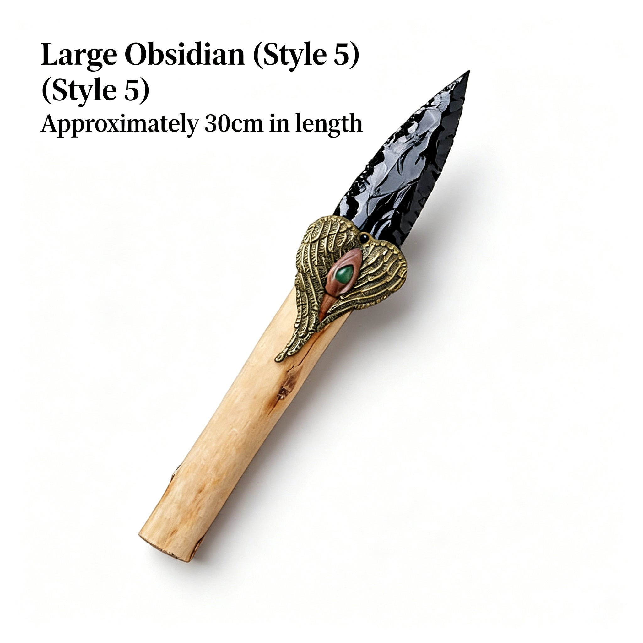 RYS Natural Obsidian Crystal Arrowhead, Hand Knapped Stone Tip with Wooden/Alloy Handle, Decorative & Ritual Use