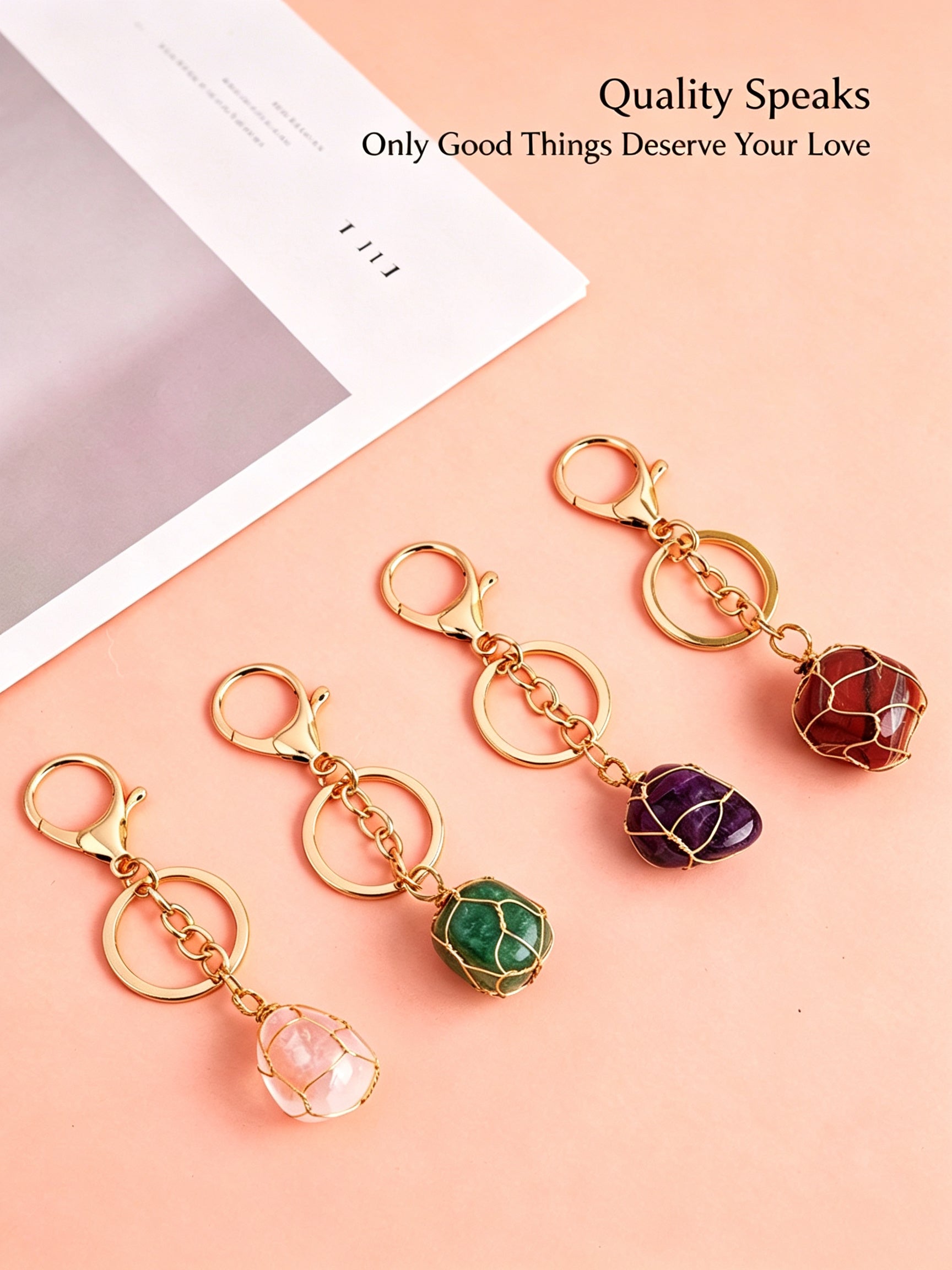 RYS Natural Rough Crystal Handmade Mesh Pouch Keychain Irregular Tumbled Stone Bag Charm