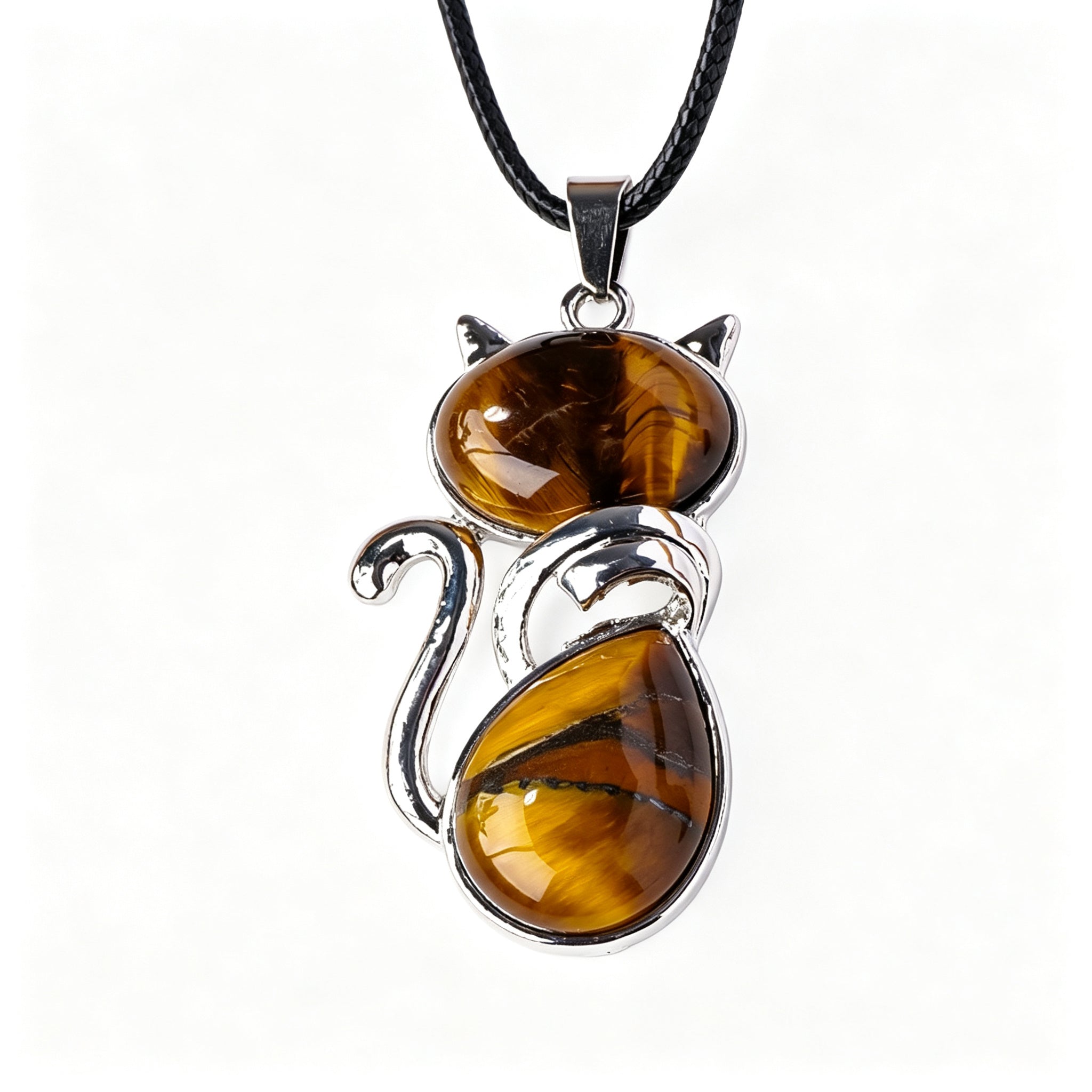 RYS Natural Crystal Gemstone Cat Pendant with Leather Cord