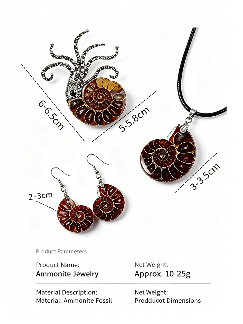 RYS Natural Ammonite Fossil Jewelry Brooch Necklace Earrings Set