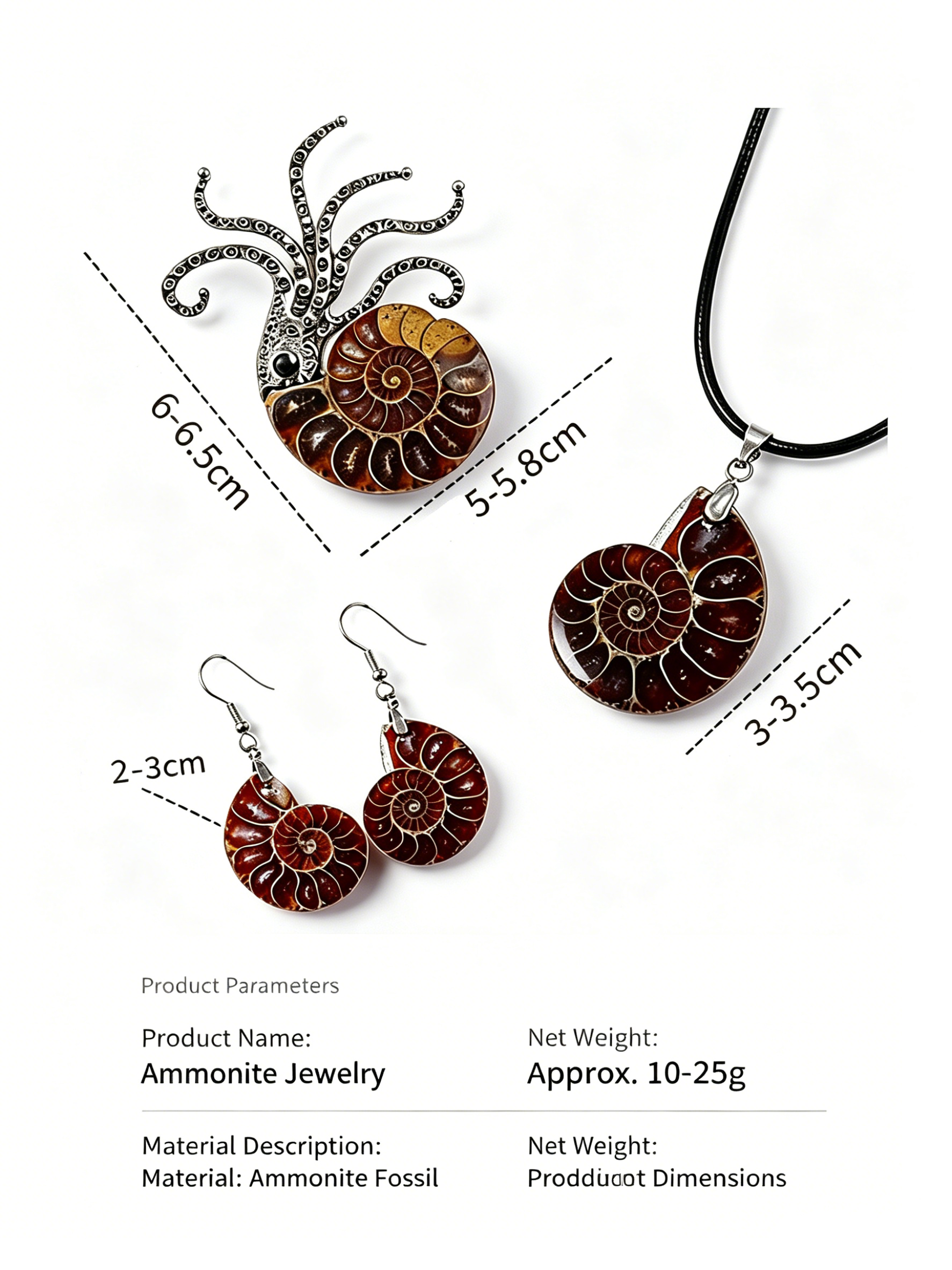 RYS Natural Ammonite Fossil Jewelry Brooch Necklace Earrings Set