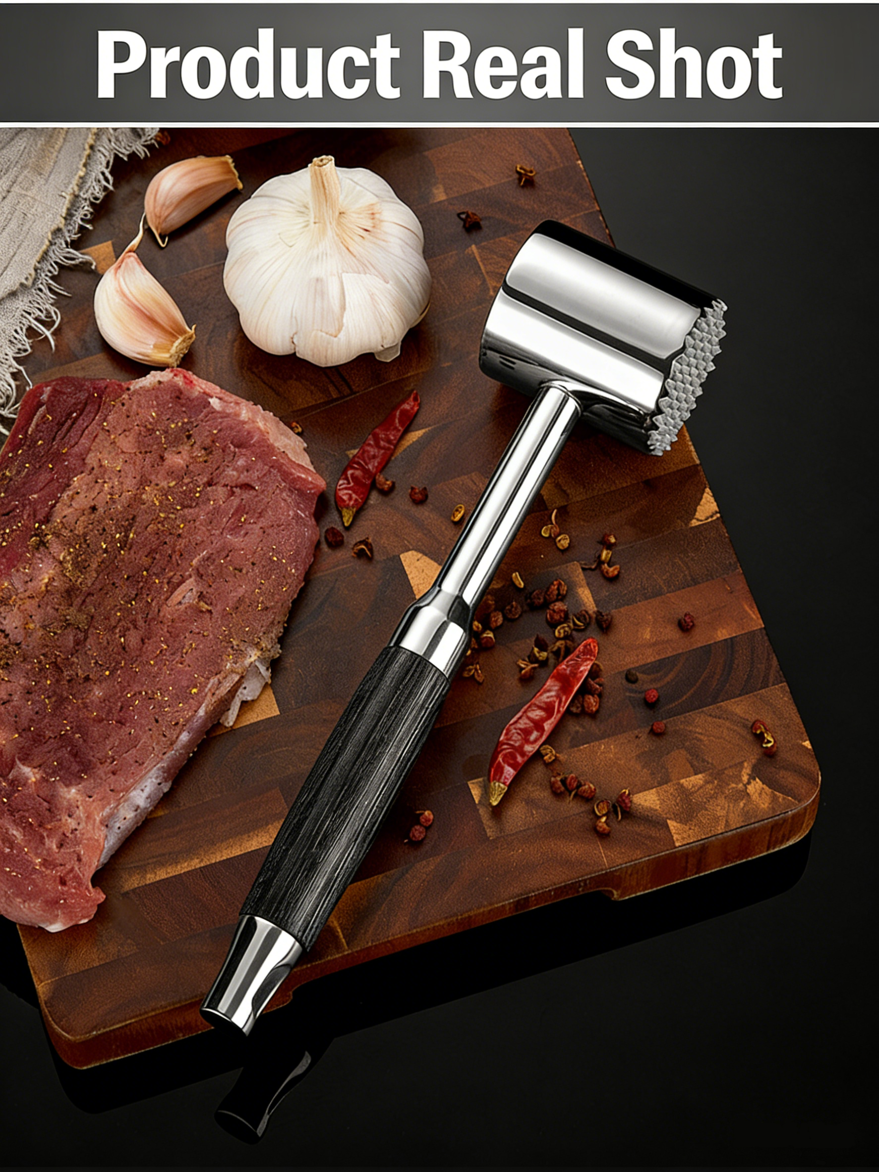 HGD 304 Stainless Steel Meat Tenderizer Hammer | Dual-Sided Meat Mallet with Rosewood Handle | Kitchen Tool for Tenderizing Steak, Pork & Chicken