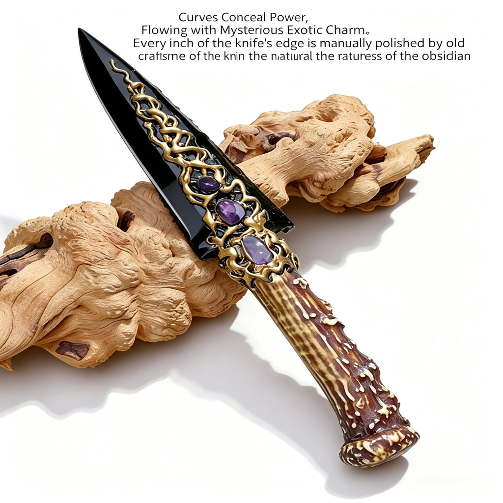 RYS Natural Obsidian Crystal Dagger, Hand Carved Stone Blade with Wooden Handle, Random Style for Altar & Decoration