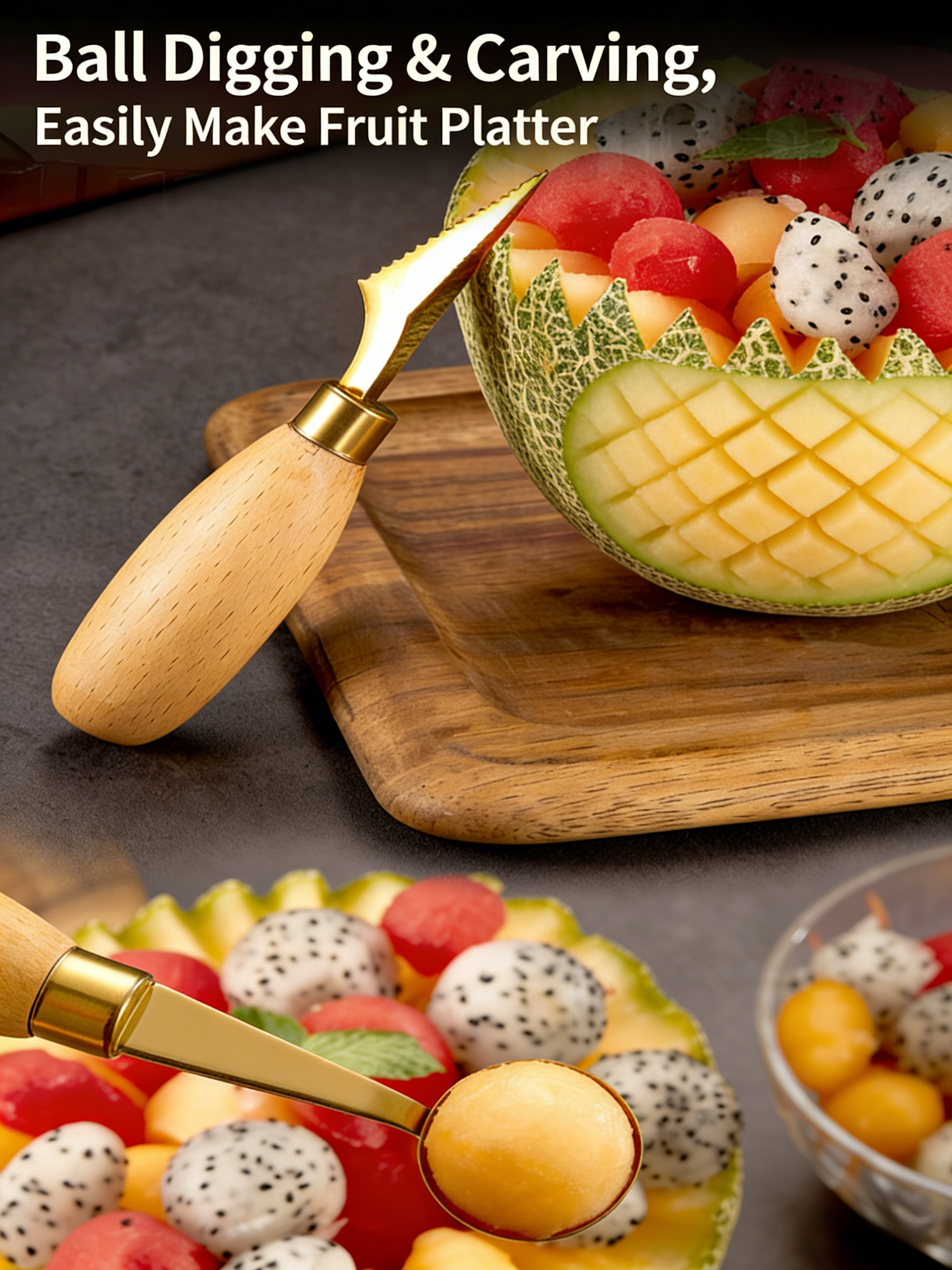 HGD 304 Stainless Steel Fruit Tool with Beech Wood Handle | Melon Baller, Carving Knife & Peeler