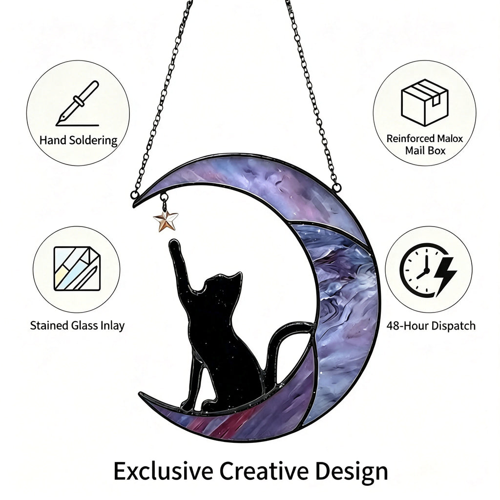 YAP Cat Moon Stained‑Glass Suncatcher Hanging Ornament, Window Wall Home Decor Gift