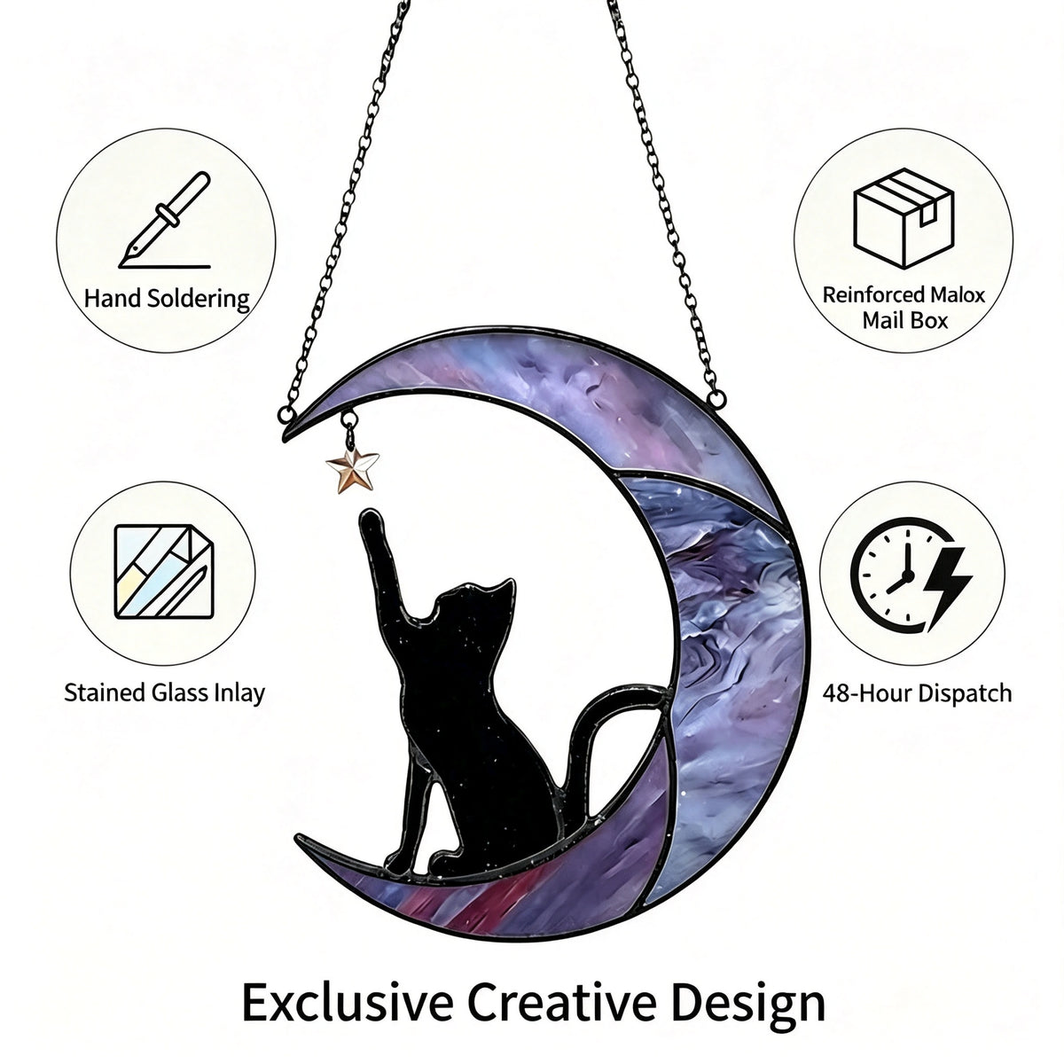 YAP Cat Moon Stained‑Glass Suncatcher Hanging Ornament, Window Wall Home Decor Gift